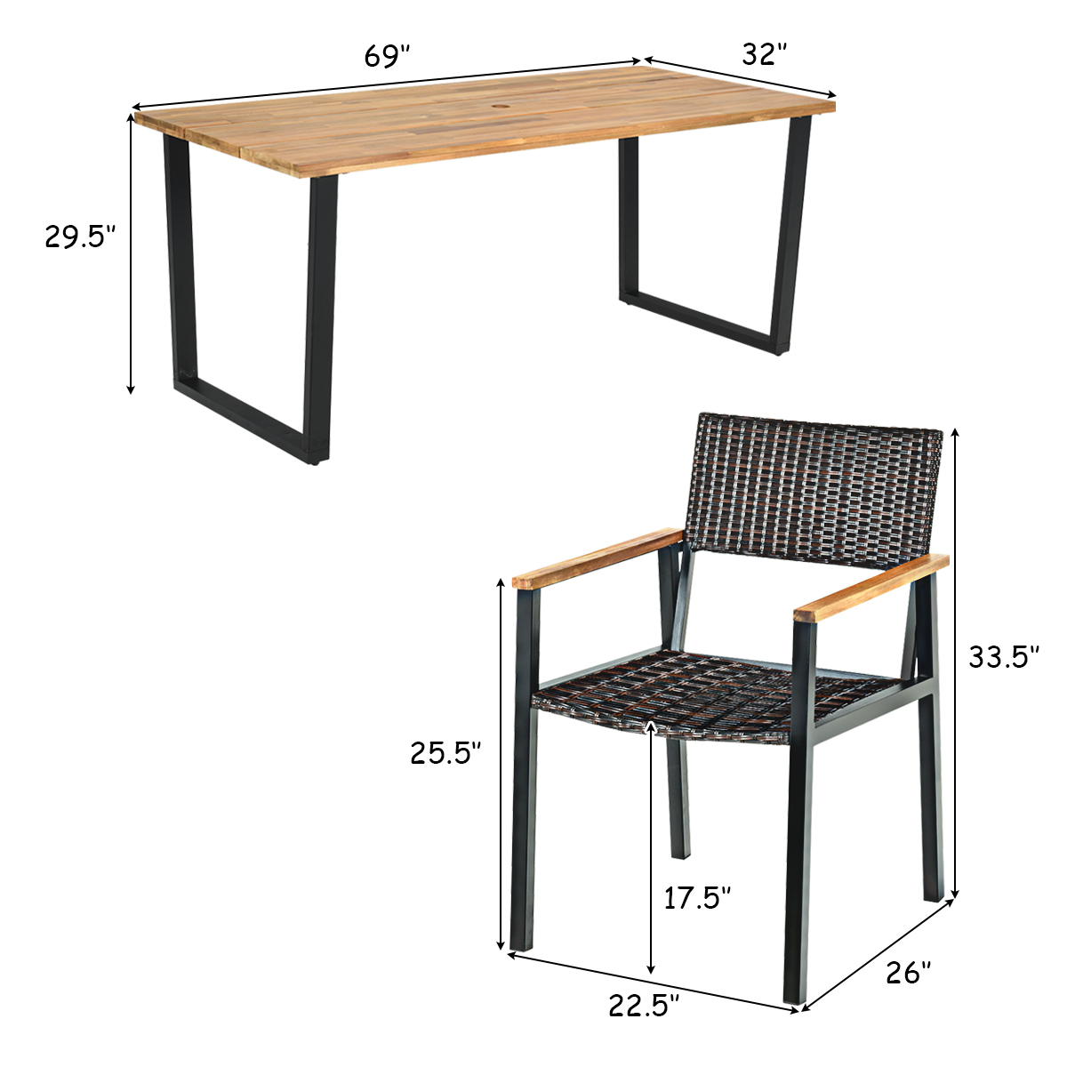 Patio 7PCS Rattan Dining Chair Table Set Solid Wood Frame W/ Umbrella Hole Yard
