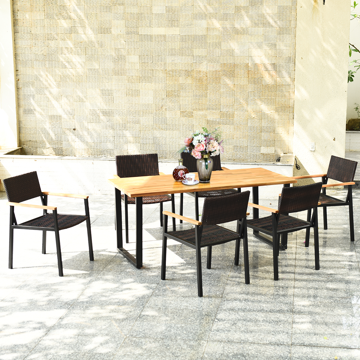 Patio 7PCS Rattan Dining Chair Table Set Solid Wood Frame W/ Umbrella Hole Yard
