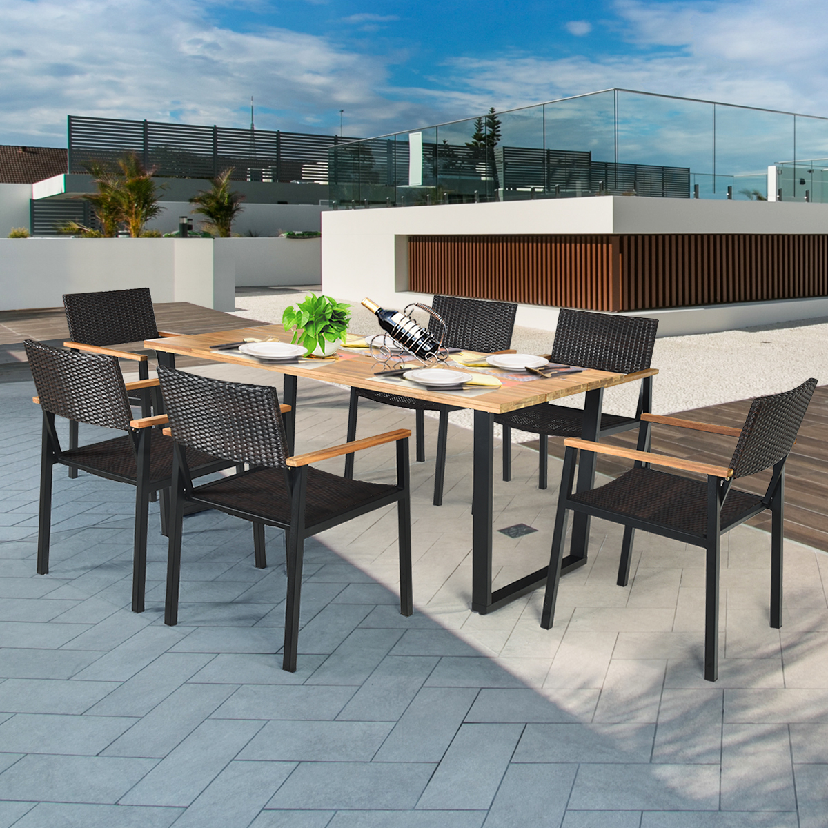 Patio 7PCS Rattan Dining Chair Table Set Solid Wood Frame W/ Umbrella Hole Yard