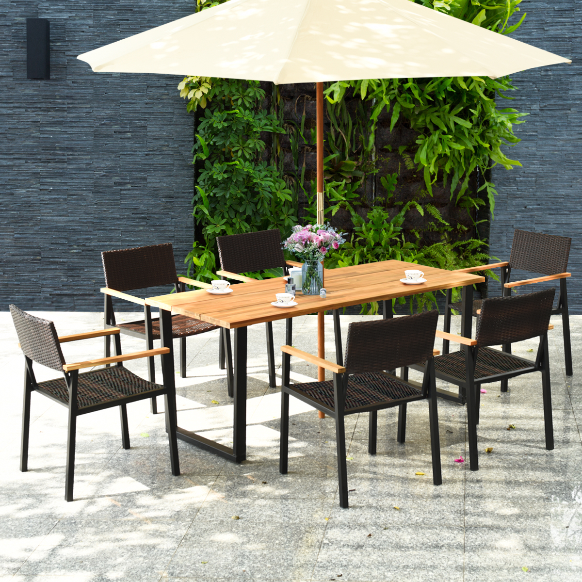 Patio 7PCS Rattan Dining Chair Table Set Solid Wood Frame W/ Umbrella Hole Yard