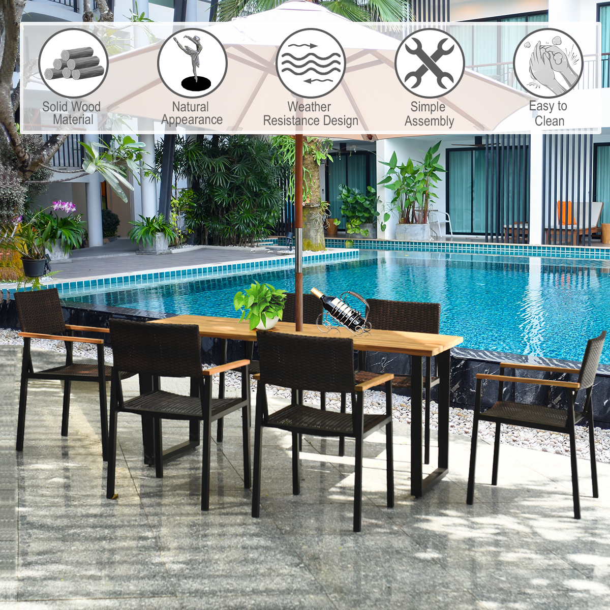 Patio 7PCS Rattan Dining Chair Table Set Solid Wood Frame W/ Umbrella Hole Yard