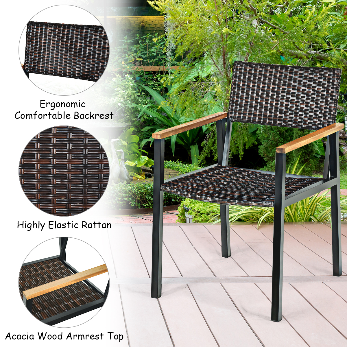 Patio 7PCS Rattan Dining Chair Table Set Solid Wood Frame W/ Umbrella Hole Yard
