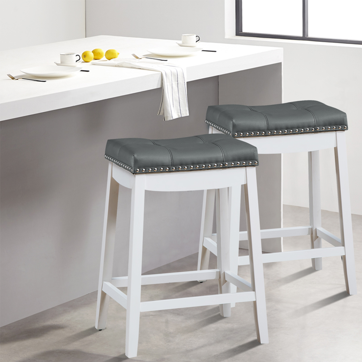 Giantex 2PCS Saddle Bar Stools Nailhead Pub Counter Stool Rubber Wood Legs 64CM - Picture 14 of 24