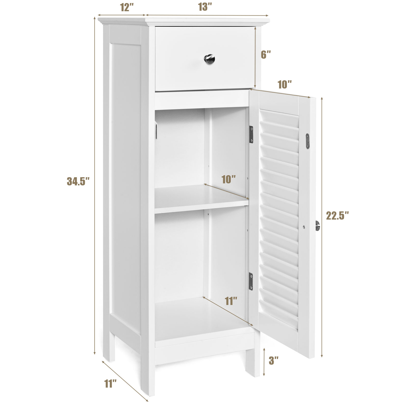 Armario de almacenamiento de piso de baño organizador lateral de madera con puerta de persiana de cajón - Imagen 9 de 14