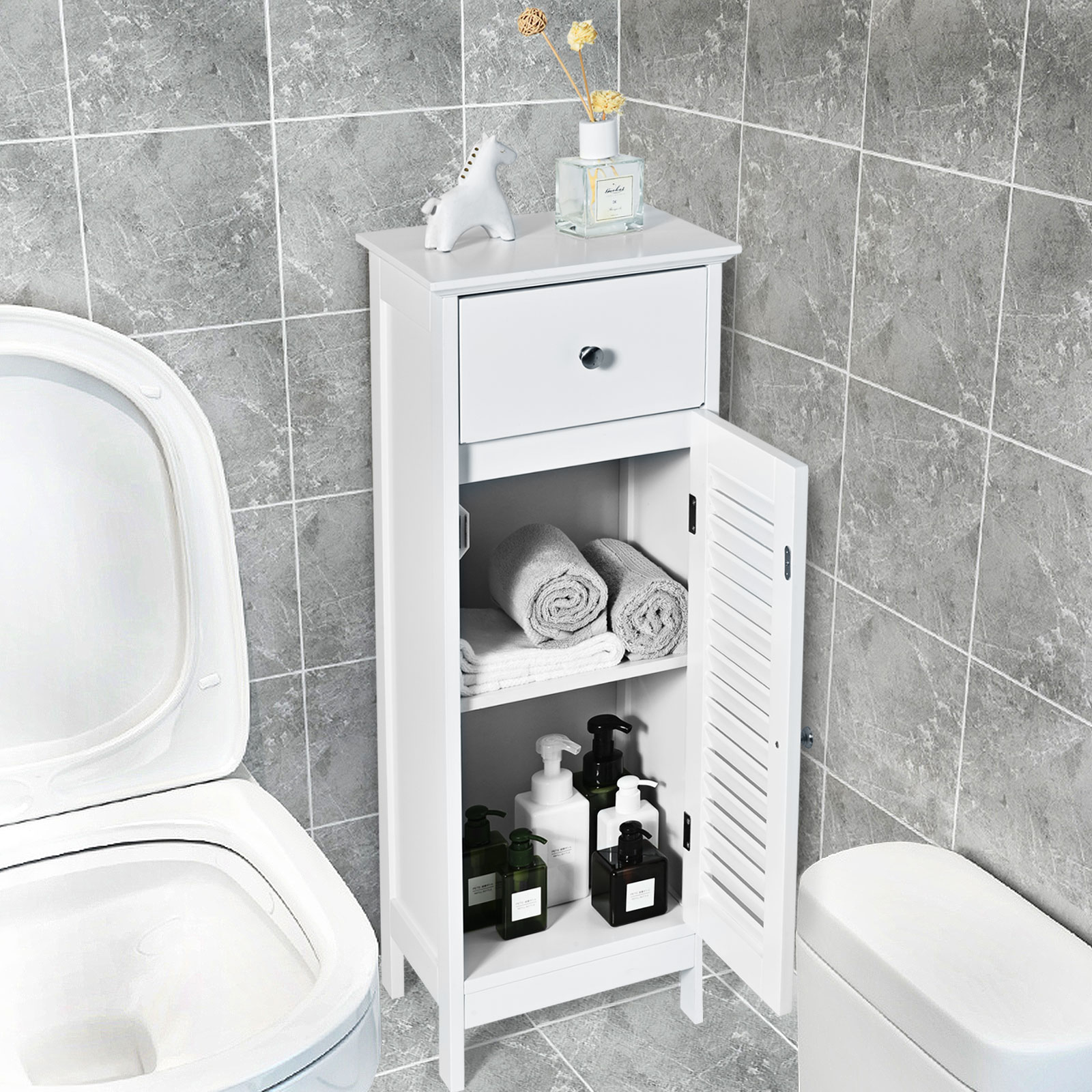 Armario de almacenamiento de piso de baño organizador lateral de madera con puerta de persiana de cajón - Imagen 10 de 14