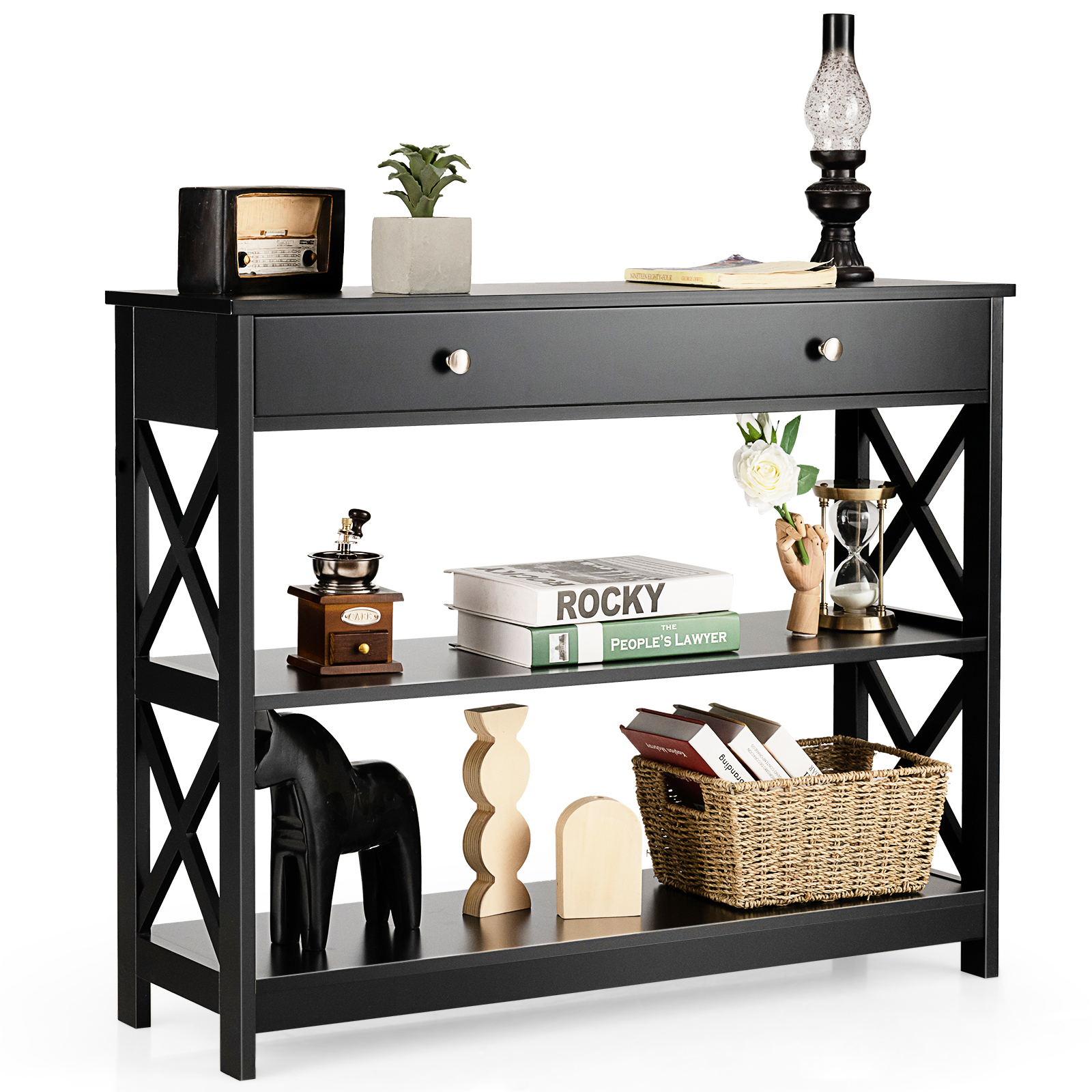 3-Tier Console Table X-Design Sofa Entryway Table w/ Drawer & Shelves ...