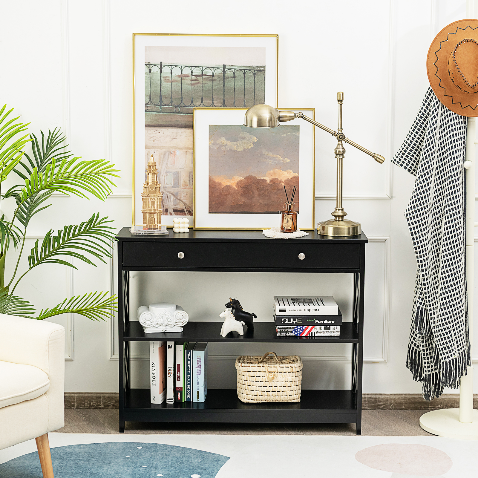 3-Tier Console Table X-Design Sofa Entryway Table w/ Drawer & Shelves ...