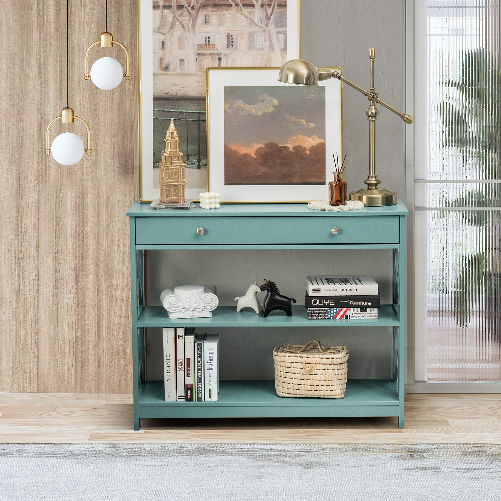 Giantex 3-Tier Console Table X-Design Wood Sofa Table w/ Drawer Hallway Modern - Picture 19 of 34