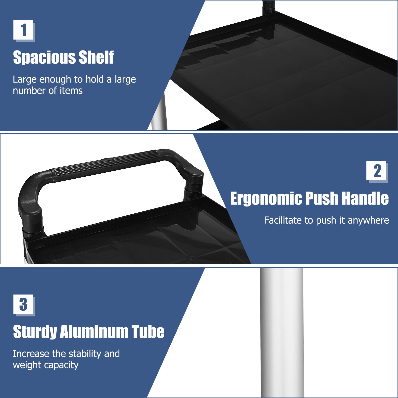 3-Shelf Utility Service Cart Aluminum Frame 490lbs Capacity w/ Casters - Bild 10 von 12