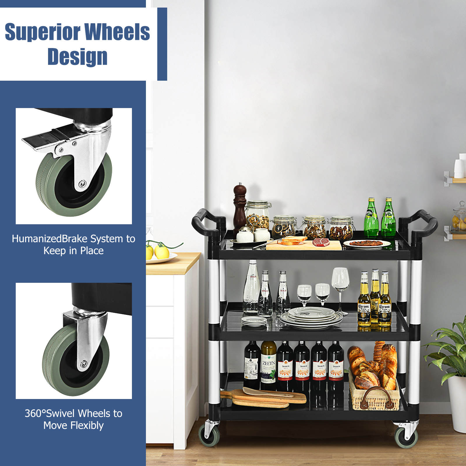 3-Shelf Utility Service Cart Aluminum Frame 490lbs Capacity w/ Casters - Bild 9 von 12
