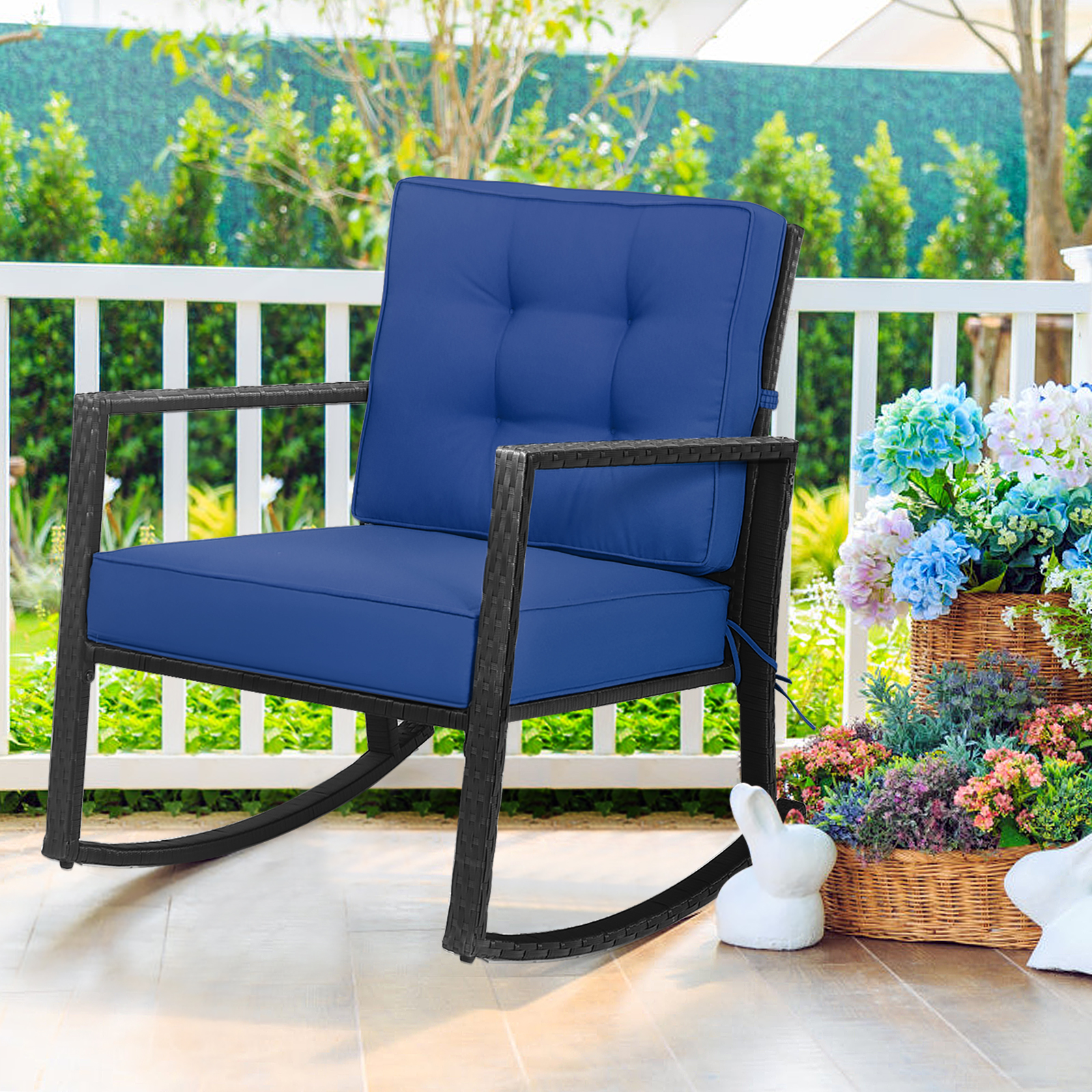 Patio Rattan Rocker Chair Outdoor Glider Rocking Chair Cushion Lawn Navy - Picture 3 of 12