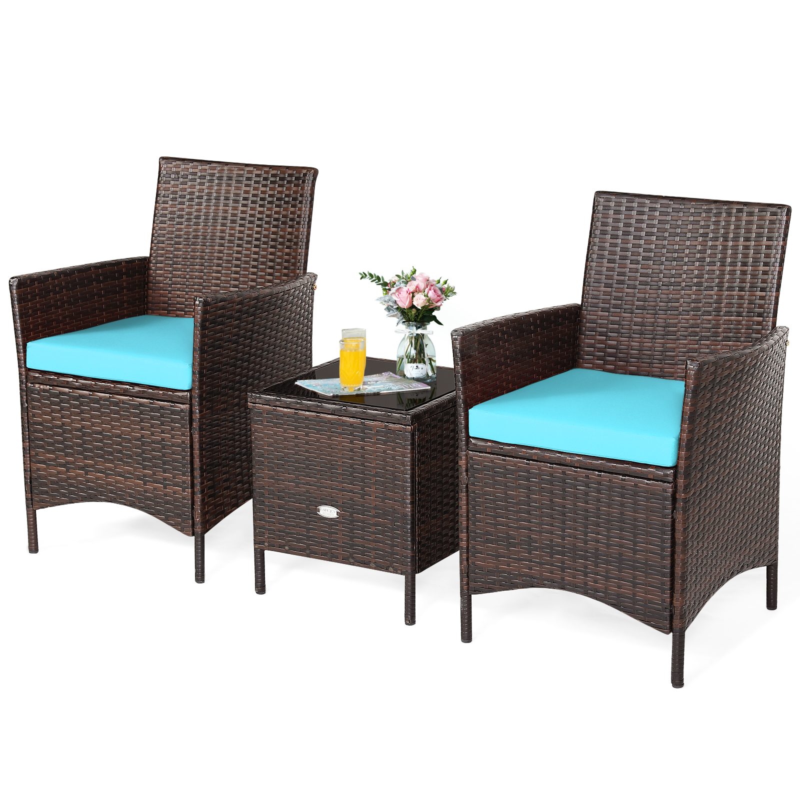 Patiojoy 3PCS Patio Rattan Furniture Set Cushioned Sofa Glass Tabletop Deck Blue