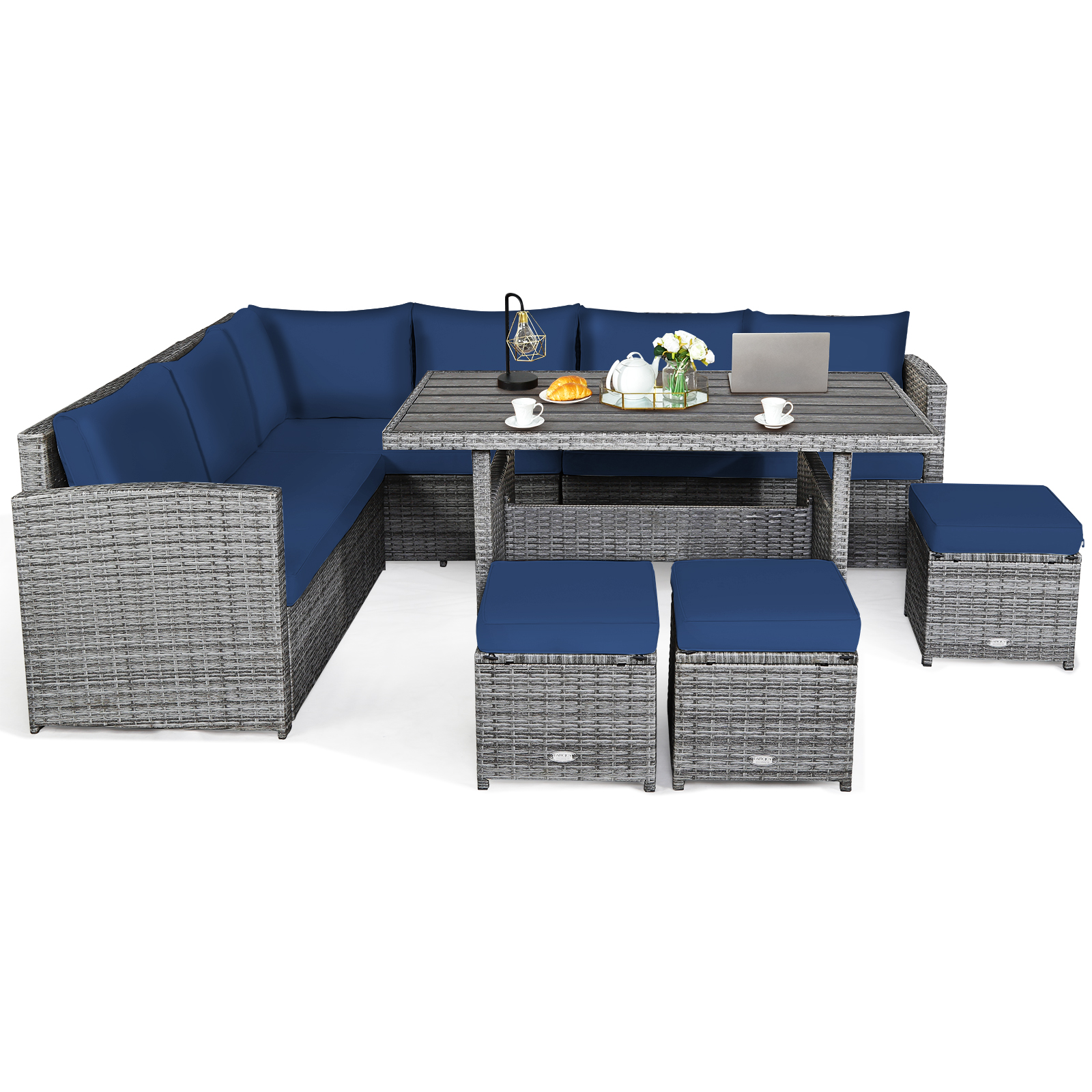 7 PCS Patio Rattan Dining Set Sectional Sofa Couch Ottoman Garden Navy