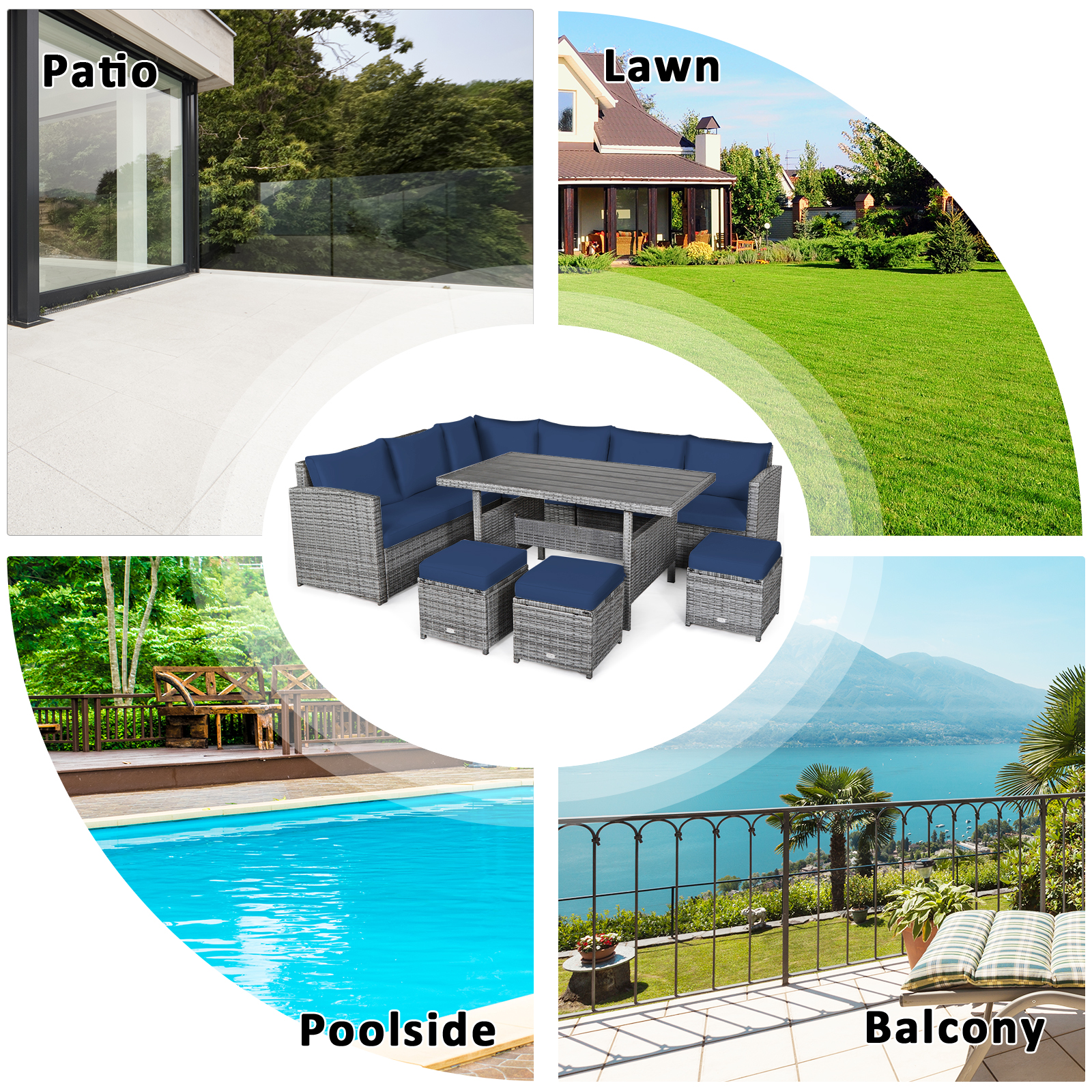 7 PCS Patio Rattan Dining Set Sectional Sofa Couch Ottoman Garden Navy - Picture 6 of 8