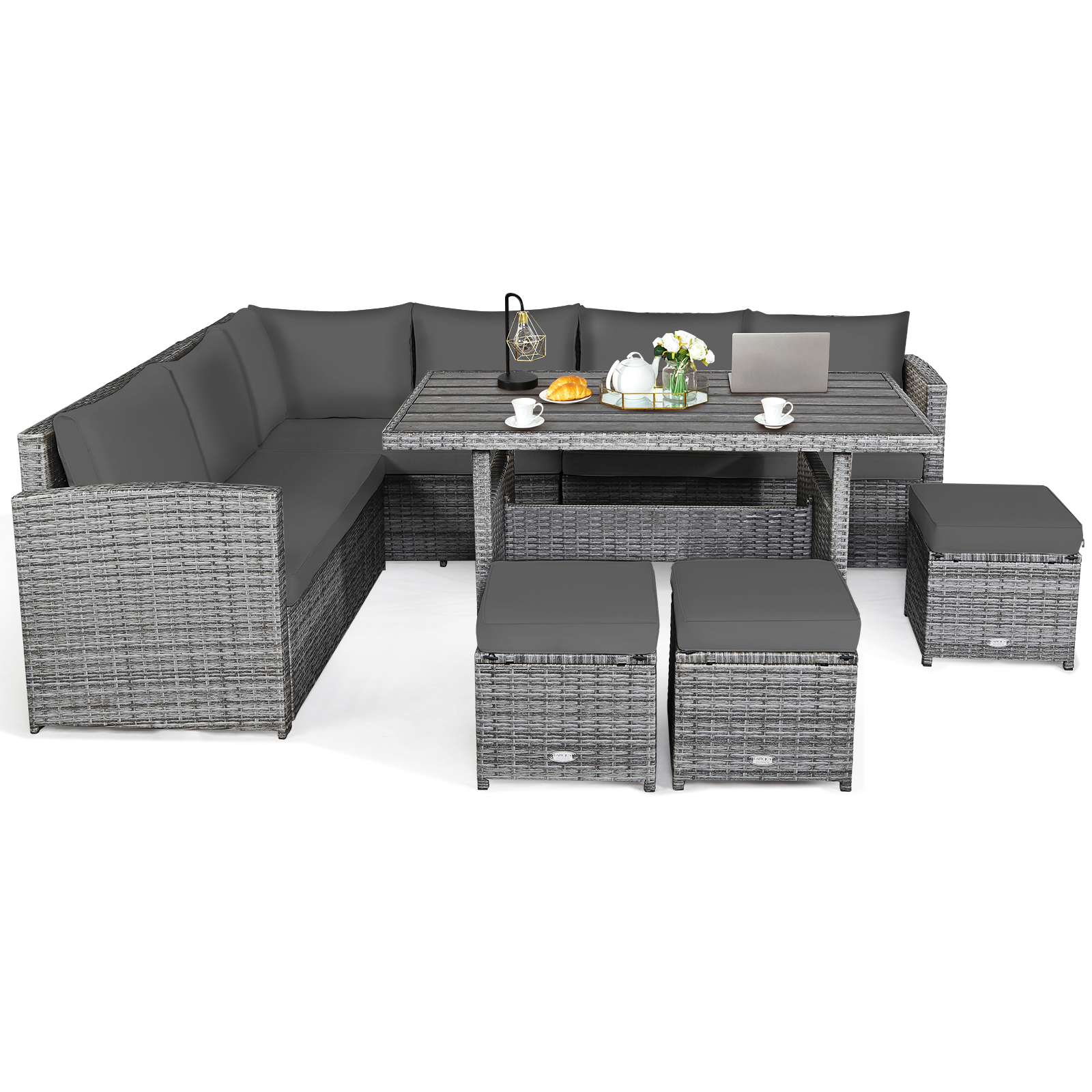 Patio Rattan Dining Set 7 PCS Sectional Sofa Couch Ottoman Garden Gray