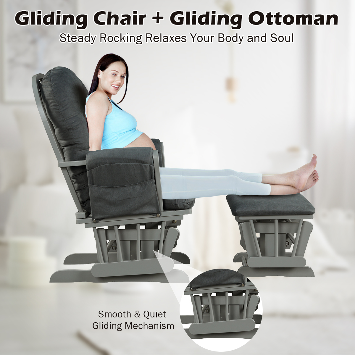 Costway Rocking Glider and Ottoman Cushion Set Wood Baby Nursery Rocker Chair - Picture 21 of 36