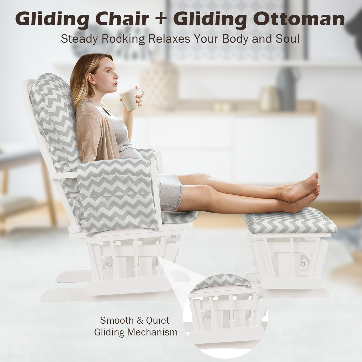 Costway Rocking Glider and Ottoman Cushion Set Wood Baby Nursery Rocker Chair - Picture 9 of 36