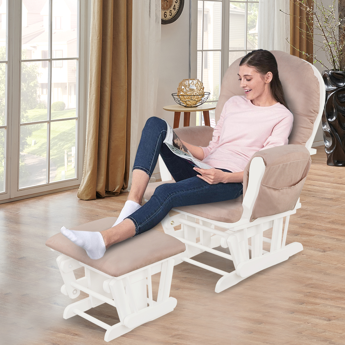 Costway Rocking Glider and Ottoman Cushion Set Wood Baby Nursery Rocker Chair - Picture 35 of 36