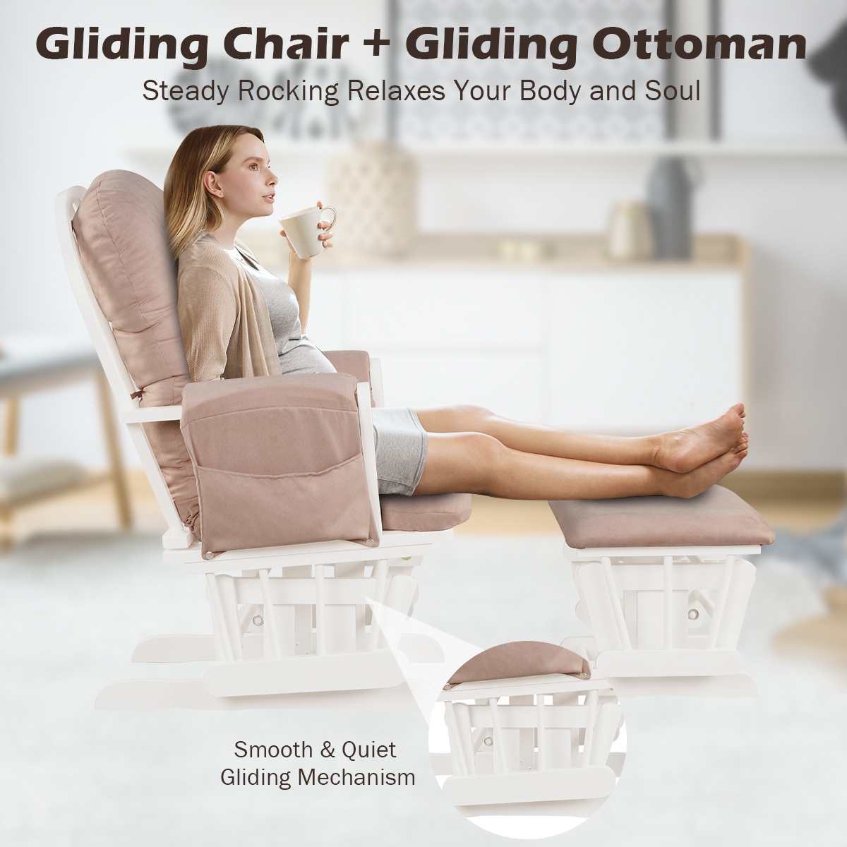 Costway Rocking Glider and Ottoman Cushion Set Wood Baby Nursery Rocker Chair - Picture 33 of 36