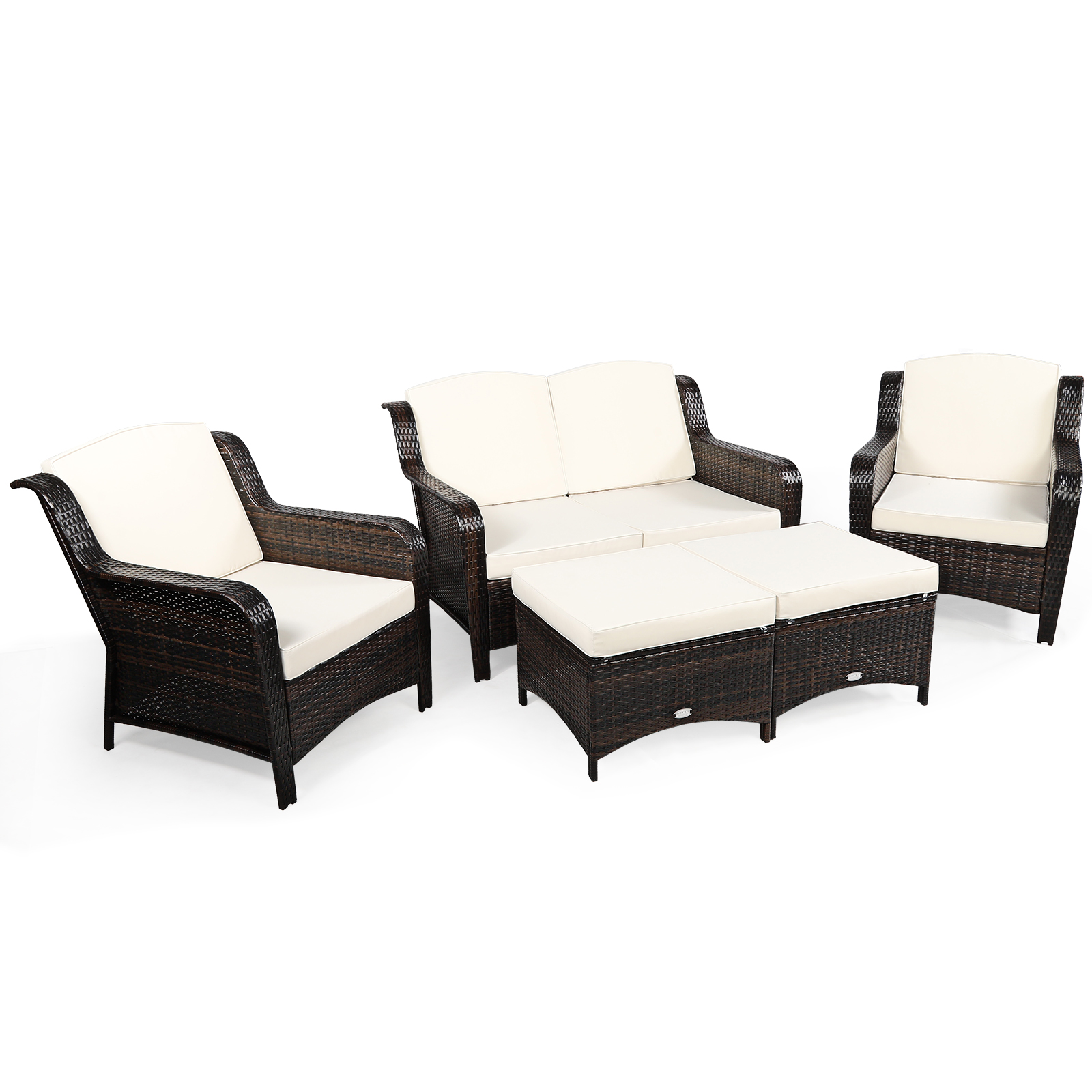Patiojoy Patio 5PCS Rattan Furniture Set Loveseat Sofa Ottoman White Cushion