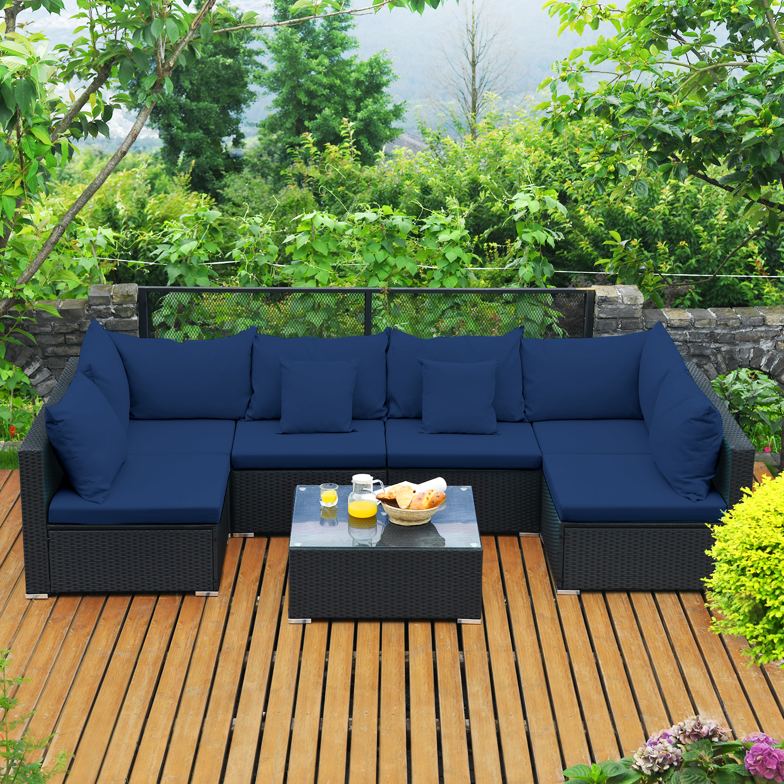 Patio 7PCS Rattan Sofa Set Sectional Conversation Furniture Set Balcony Navy