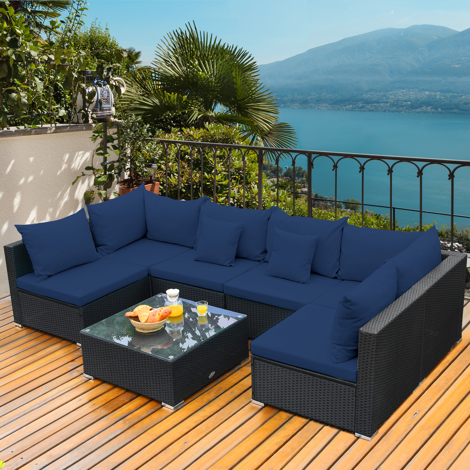 Patio 7PCS Rattan Sofa Set Sectional Conversation Furniture Set Balcony Navy