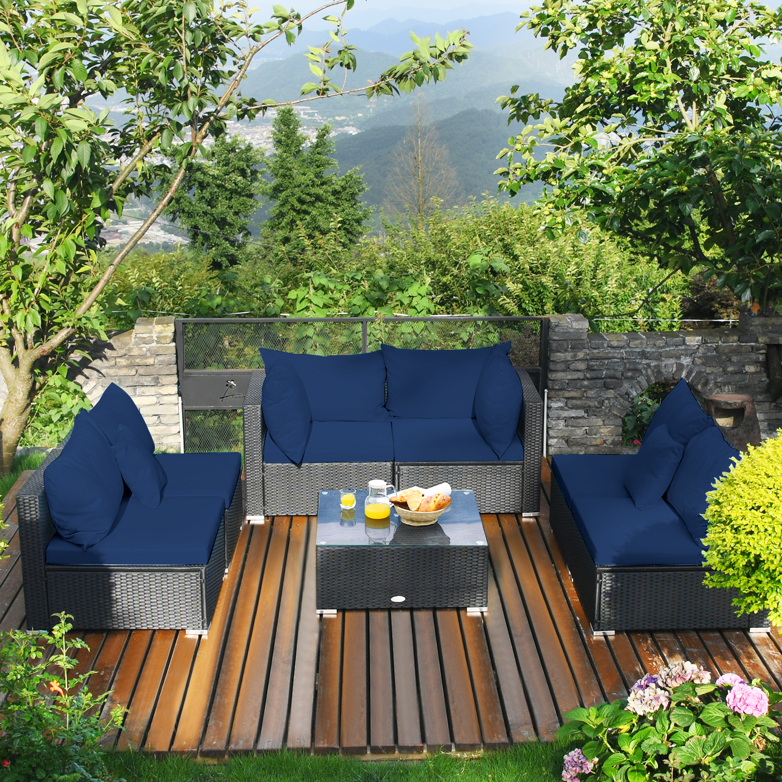 Patio 7PCS Rattan Sofa Set Sectional Conversation Furniture Set Balcony Navy