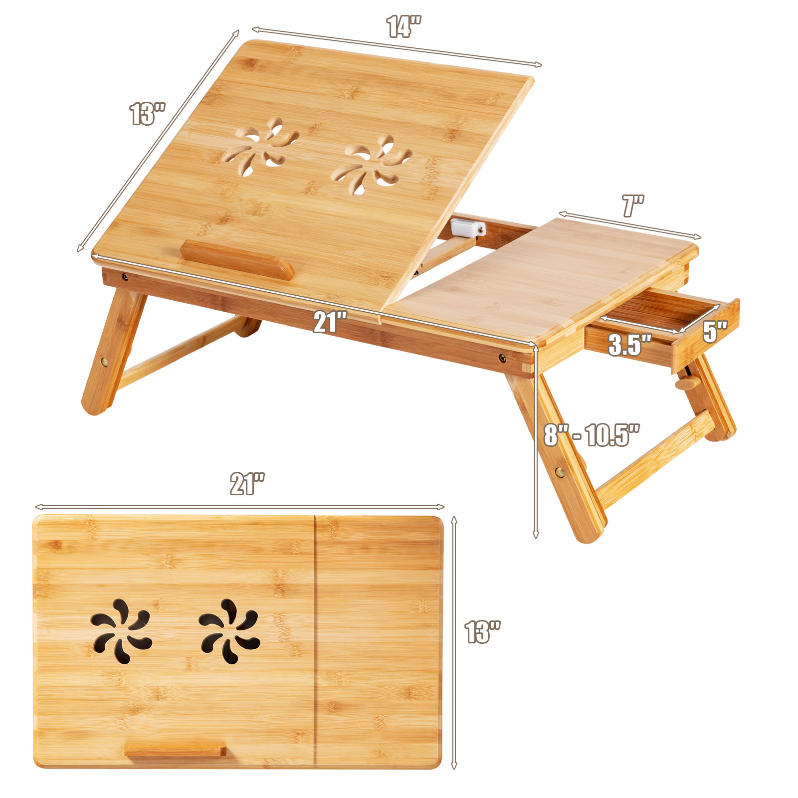 Costway Adjustable Bed Tray Folding Bamboo Laptop Desk w/Drawer Heat Dissipation - Picture 2 of 8