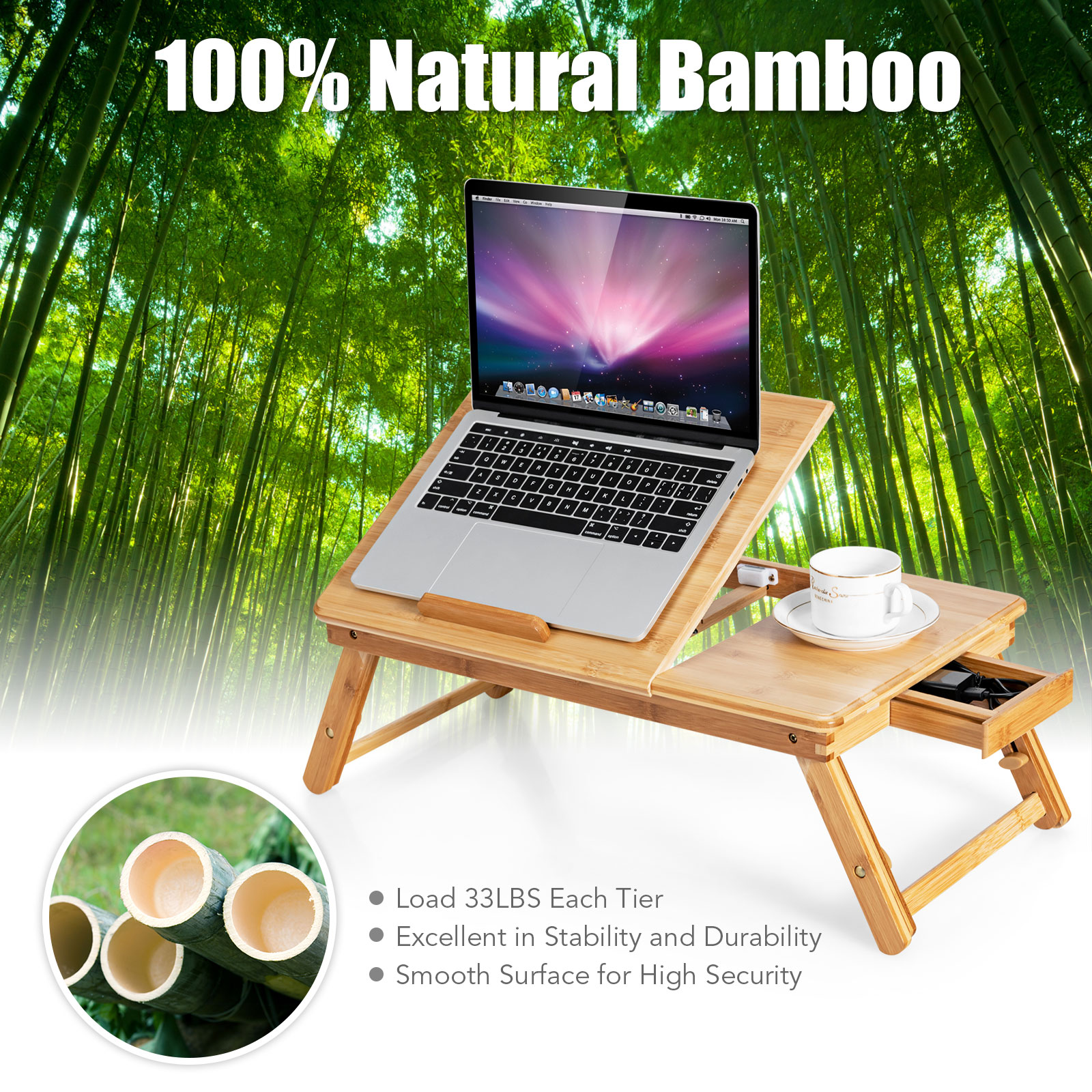 Costway Adjustable Bed Tray Folding Bamboo Laptop Desk w/Drawer Heat Dissipation - Picture 6 of 8
