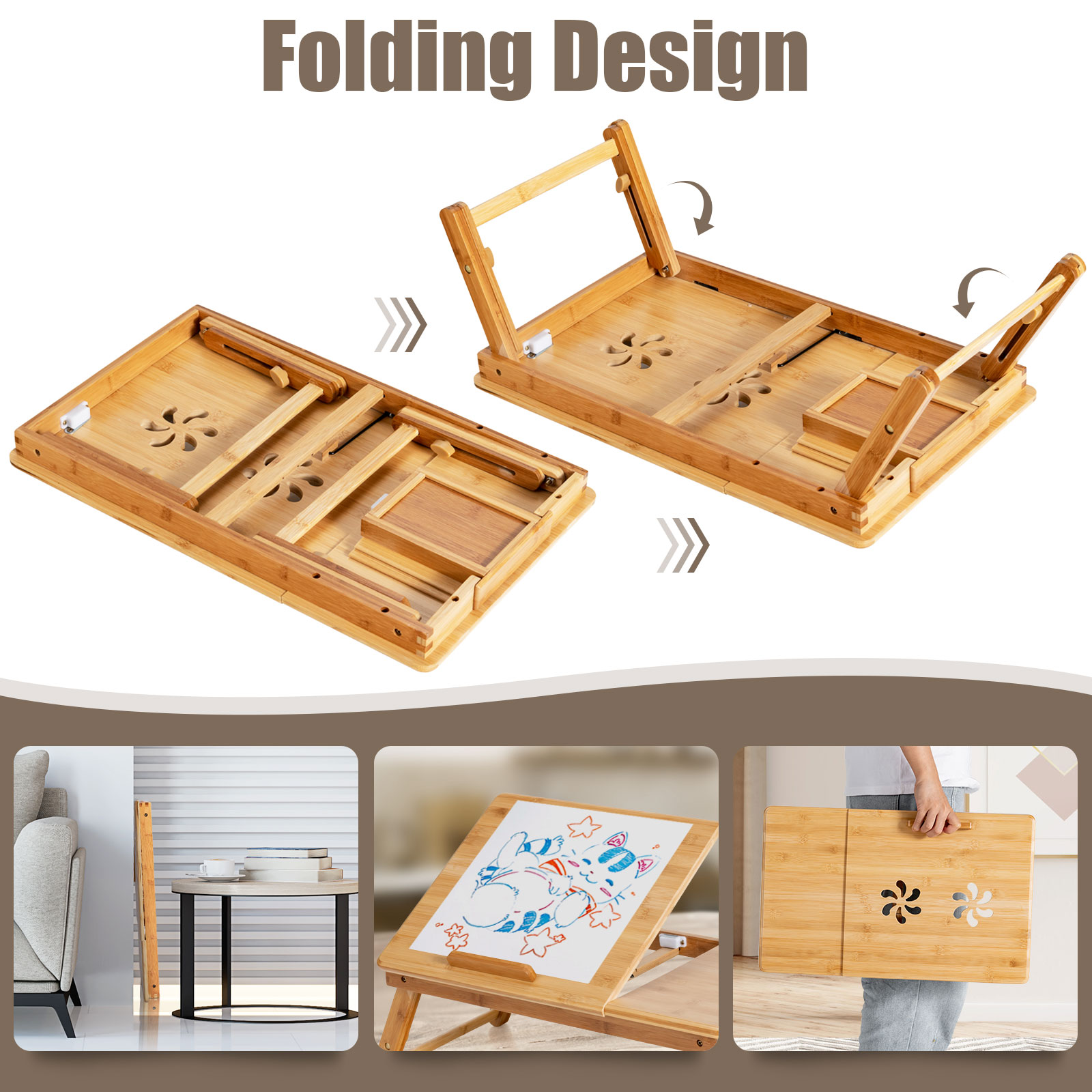 Costway Adjustable Bed Tray Folding Bamboo Laptop Desk w/Drawer Heat Dissipation - Picture 7 of 8