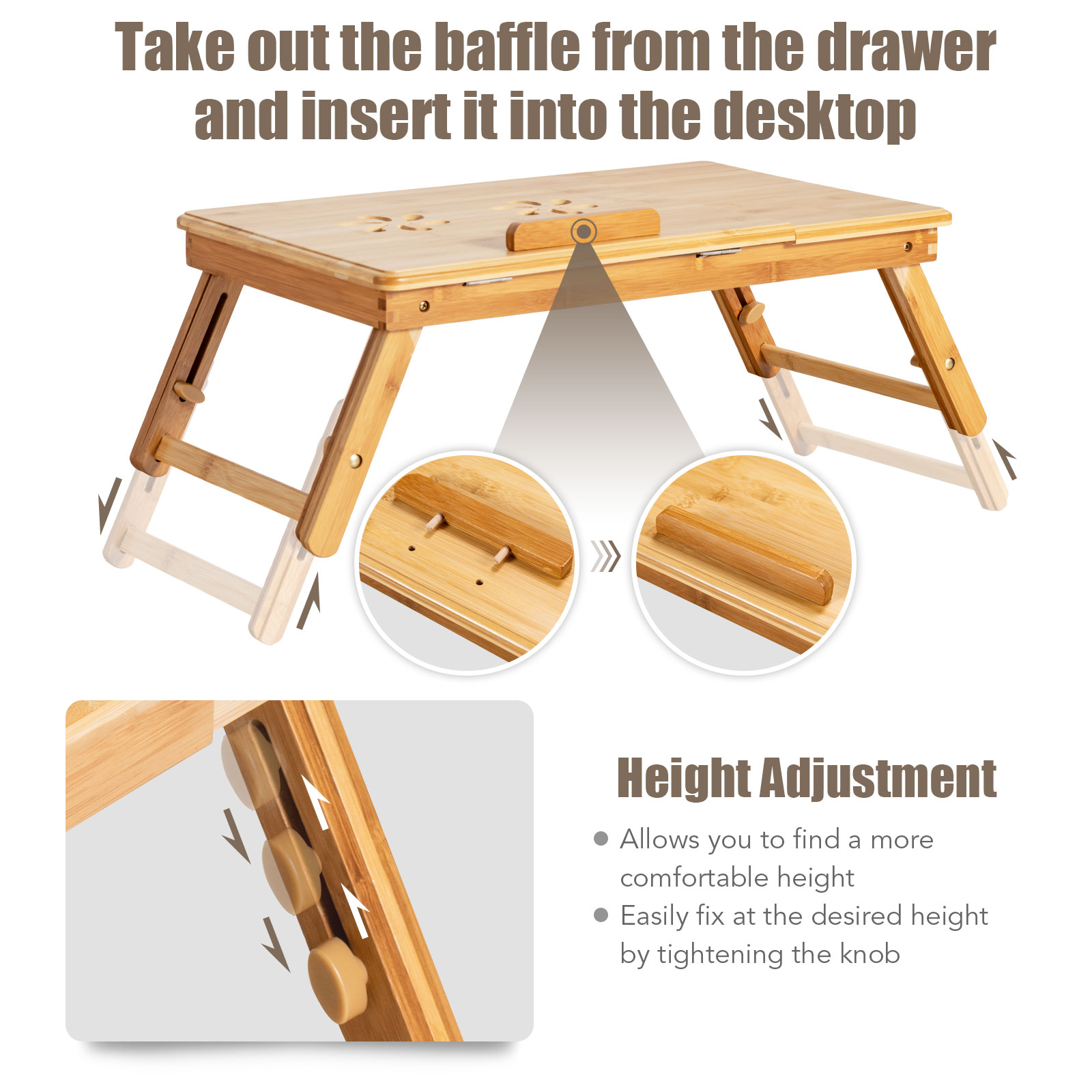 Costway Adjustable Bed Tray Folding Bamboo Laptop Desk w/Drawer Heat Dissipation - Picture 8 of 8