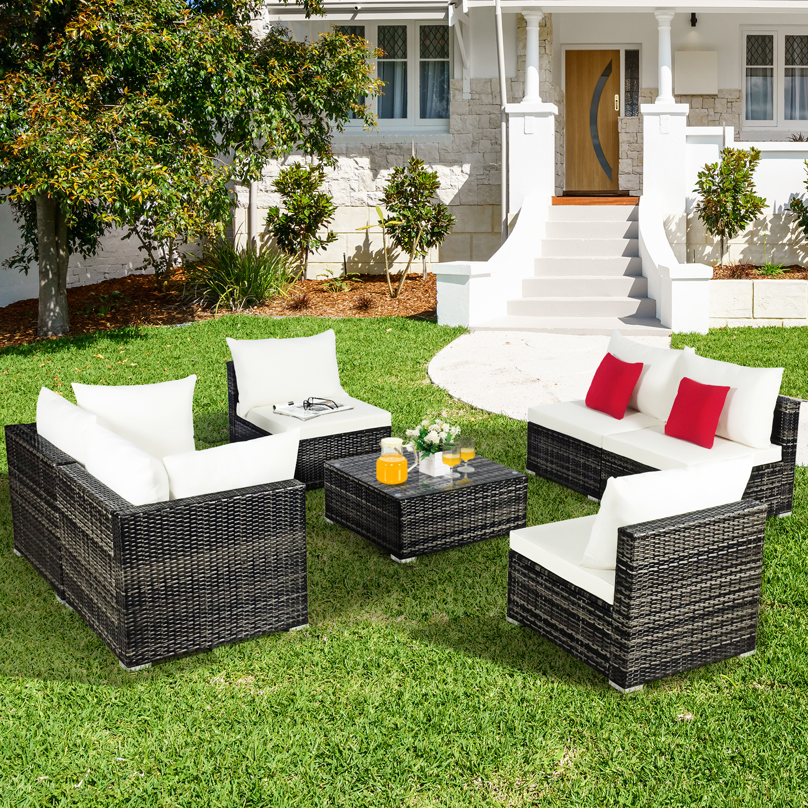 7PCS Patio Rattan Furniture Set Sectional Sofa Garden Cushion - Picture 12 of 16