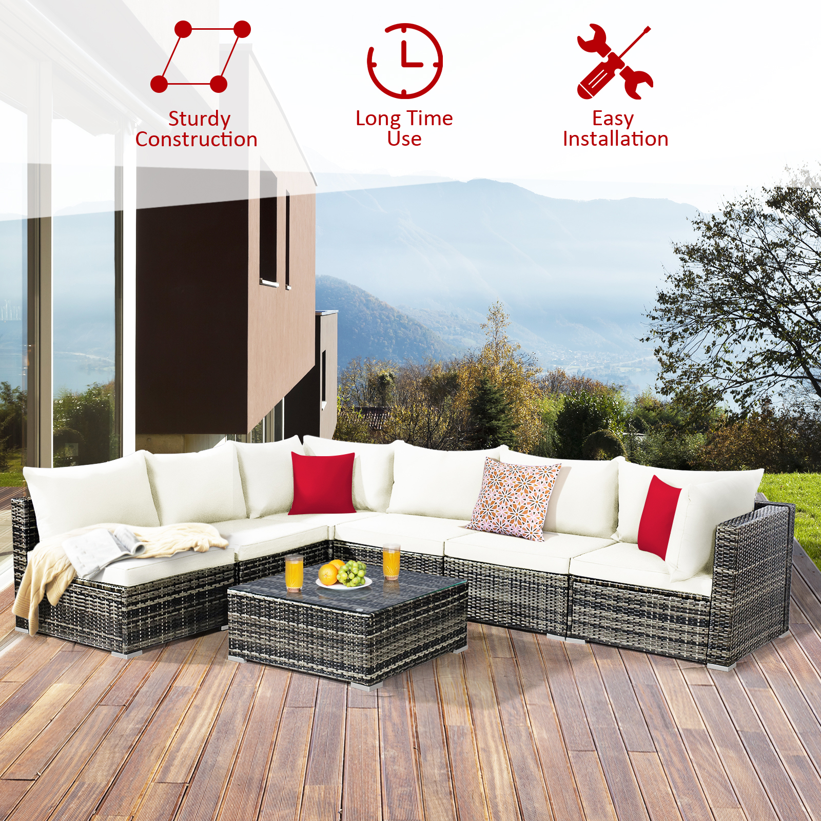 7PCS Patio Rattan Furniture Set Sectional Sofa Garden Cushion - Picture 14 of 16