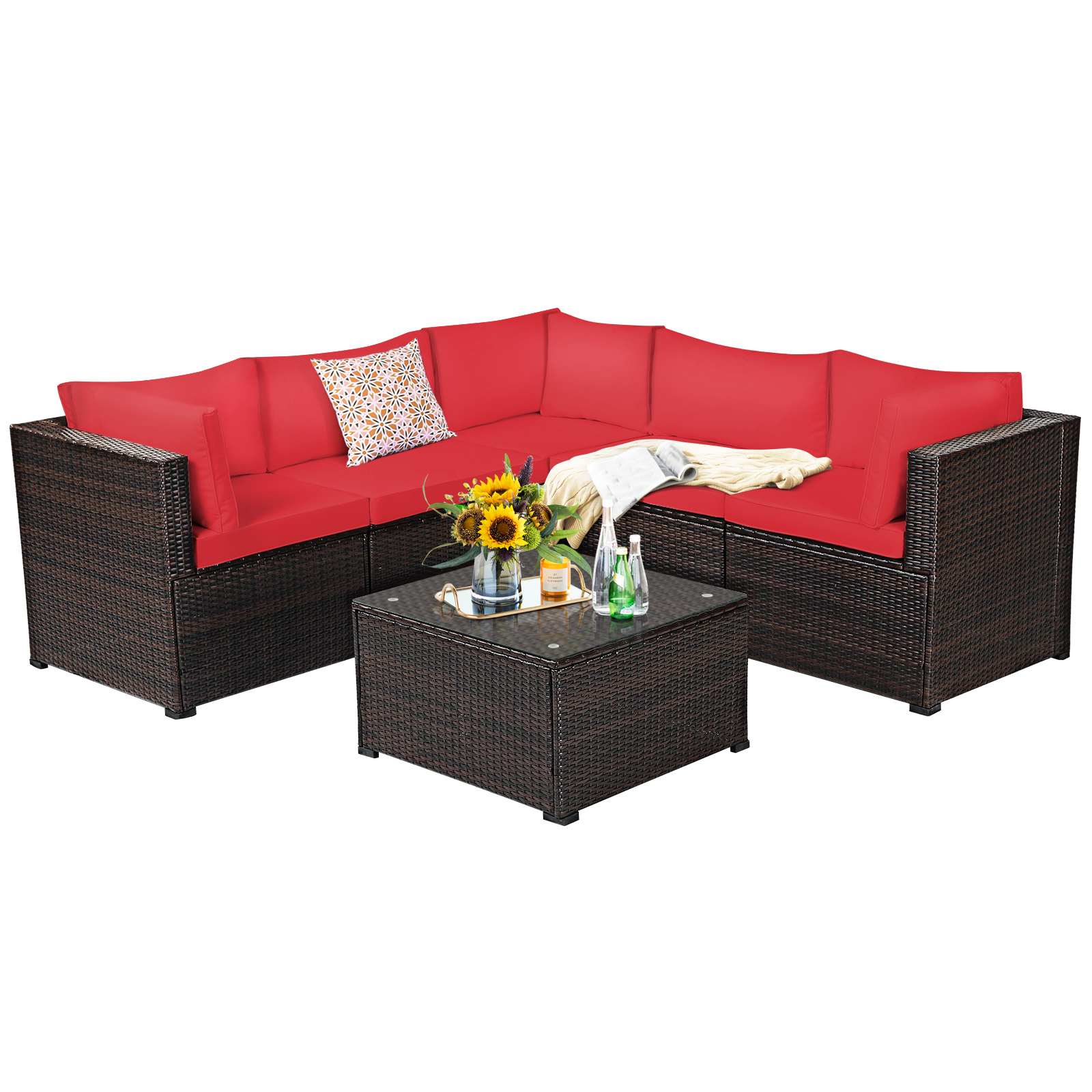 Costway 6PCS Patio Rattan Furniture Set Sectional Cushioned Sofa Deck Red