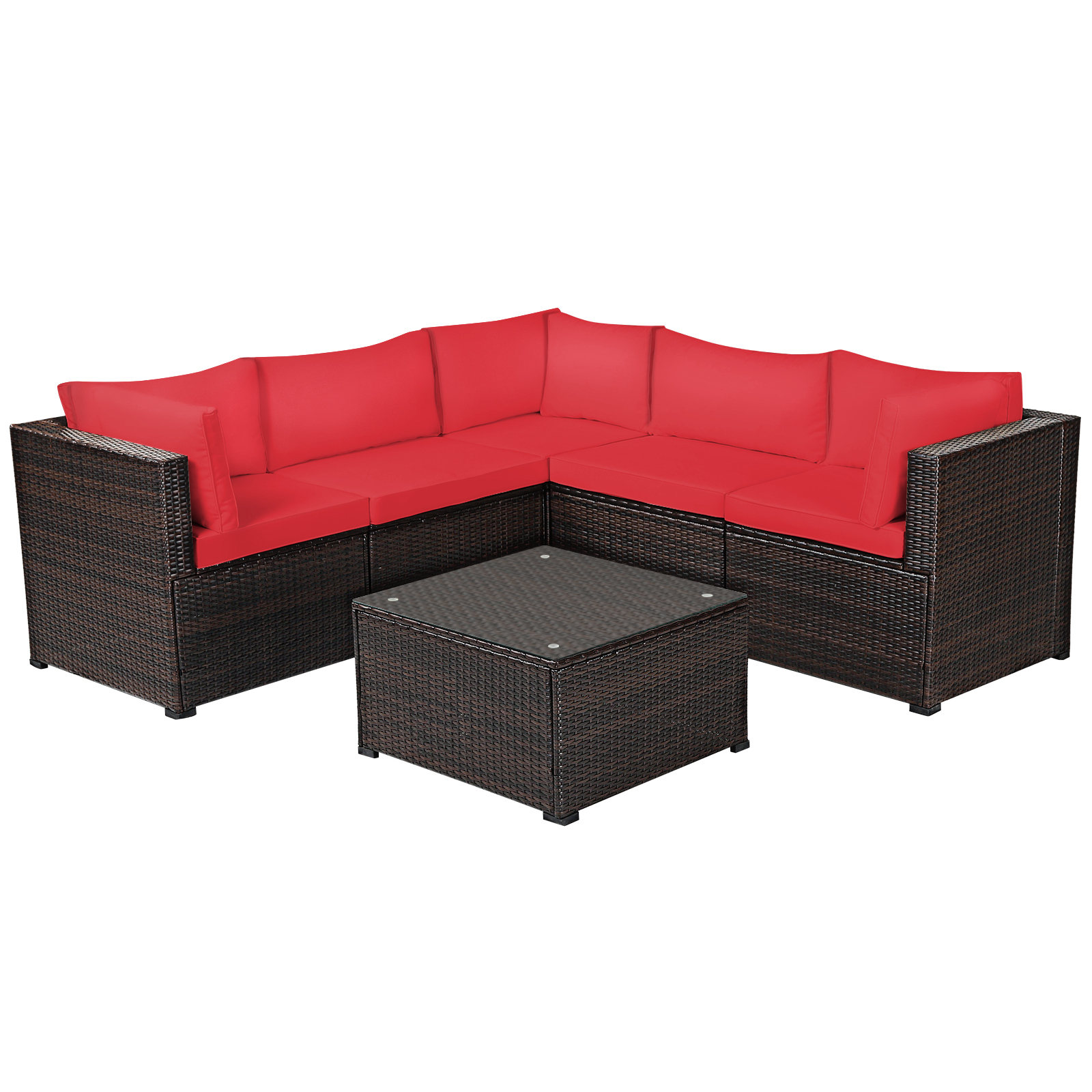 Costway 6PCS Patio Rattan Furniture Set Sectional Cushioned Sofa Deck Red