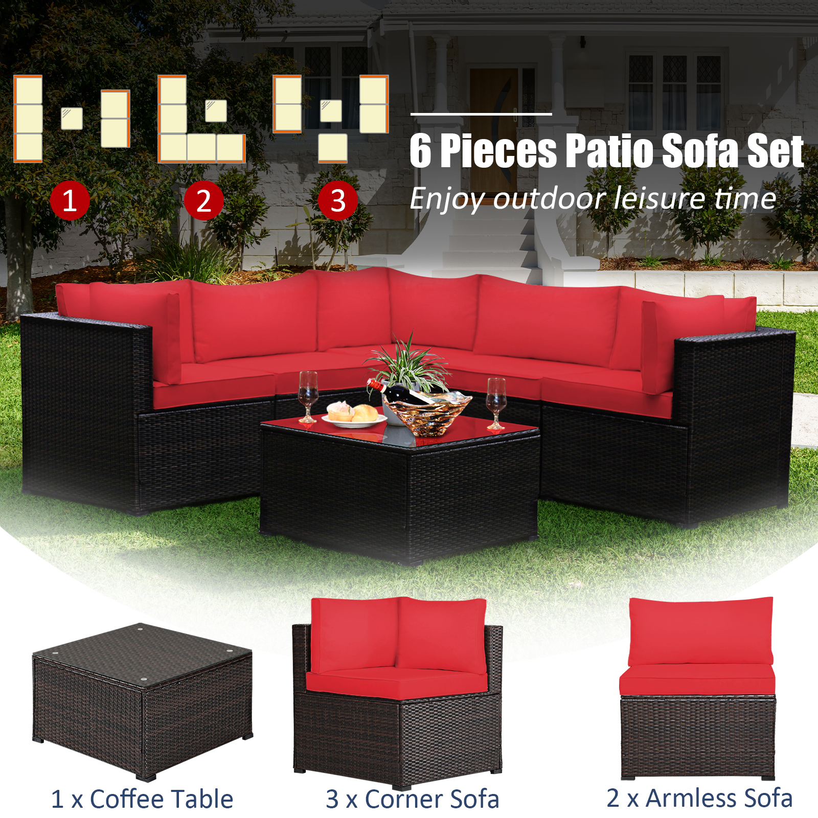 Costway 6PCS Patio Rattan Furniture Set Sectional Cushioned Sofa Deck Red