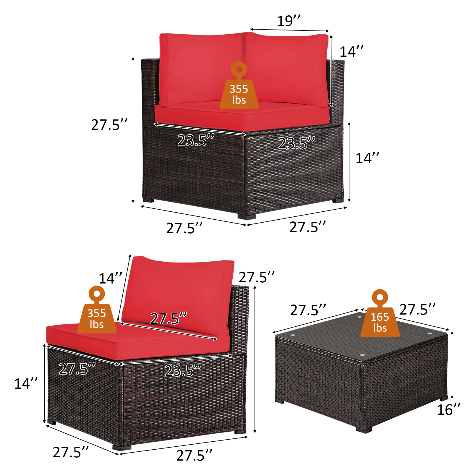 Costway 6PCS Patio Rattan Furniture Set Sectional Cushioned Sofa Deck Red