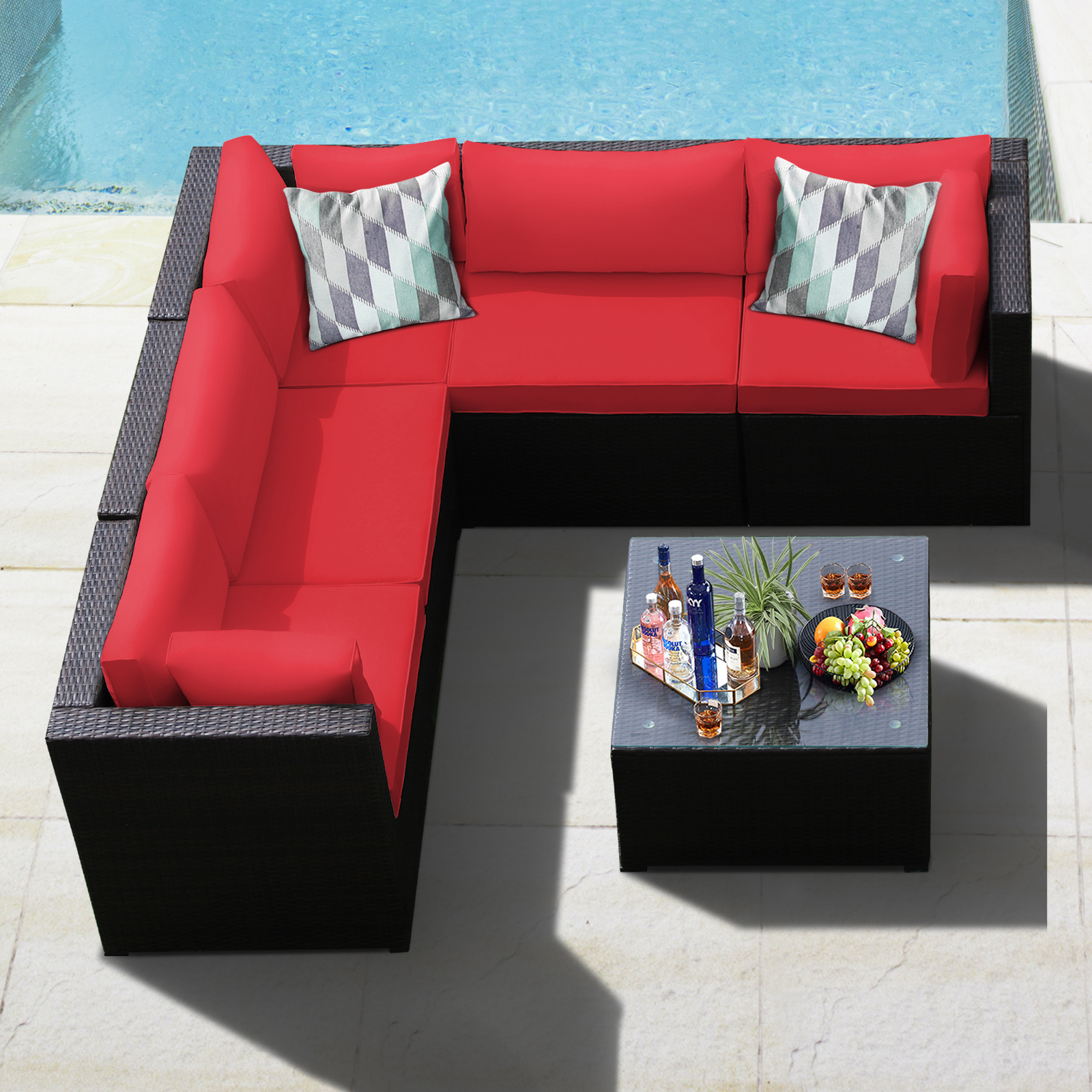 Costway 6PCS Patio Rattan Furniture Set Sectional Cushioned Sofa Deck Red
