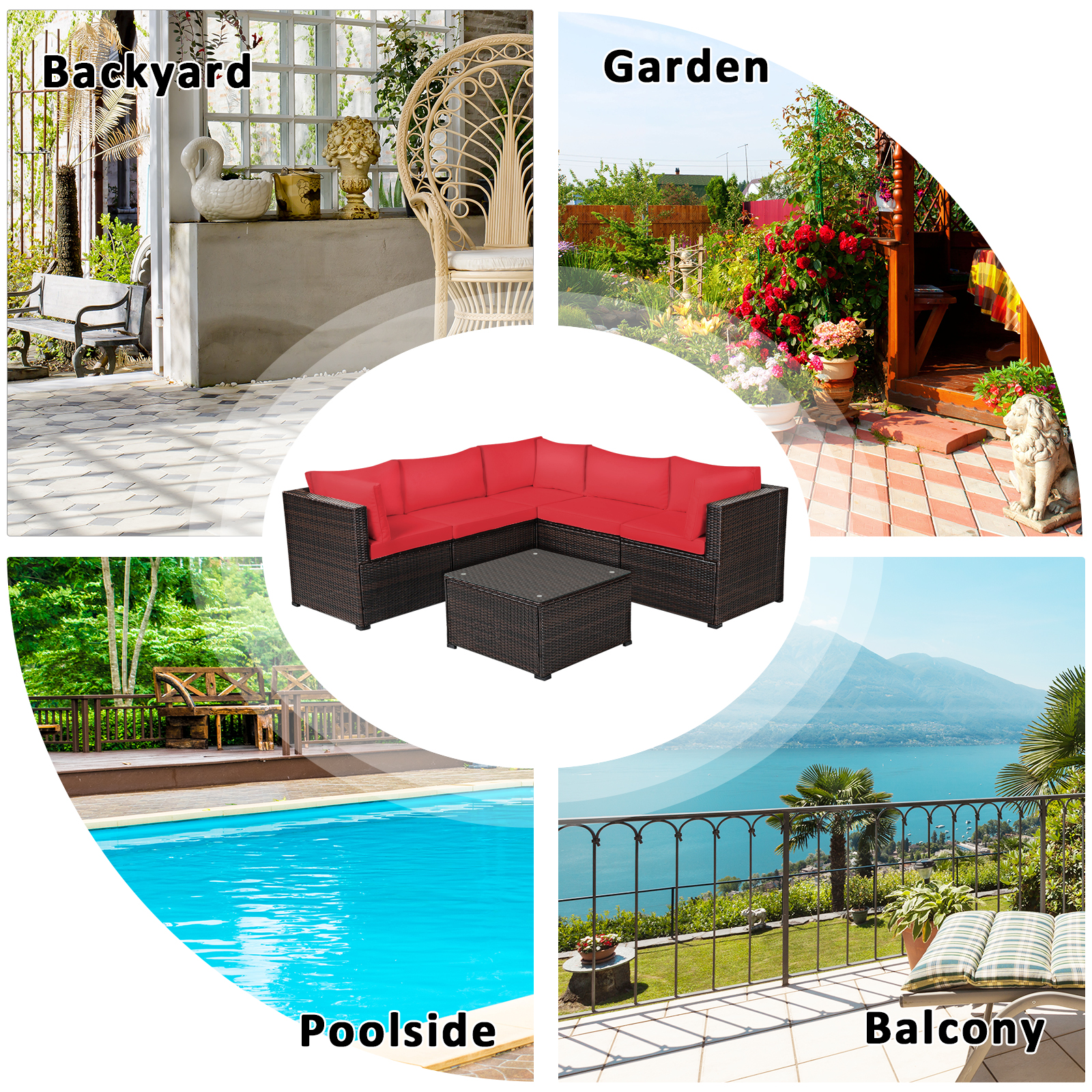 Costway 6PCS Patio Rattan Furniture Set Sectional Cushioned Sofa Deck Red