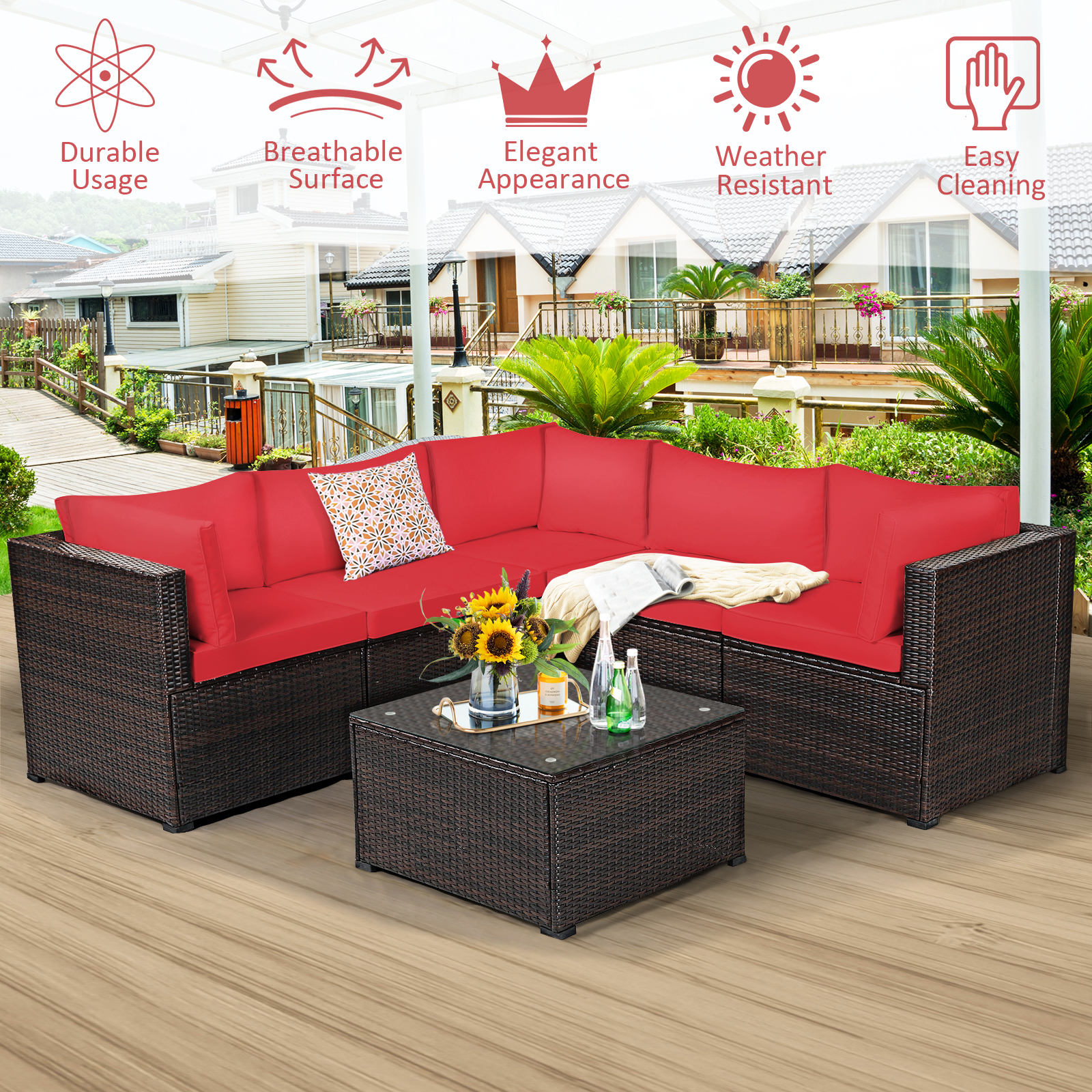 Costway 6PCS Patio Rattan Furniture Set Sectional Cushioned Sofa Deck Red
