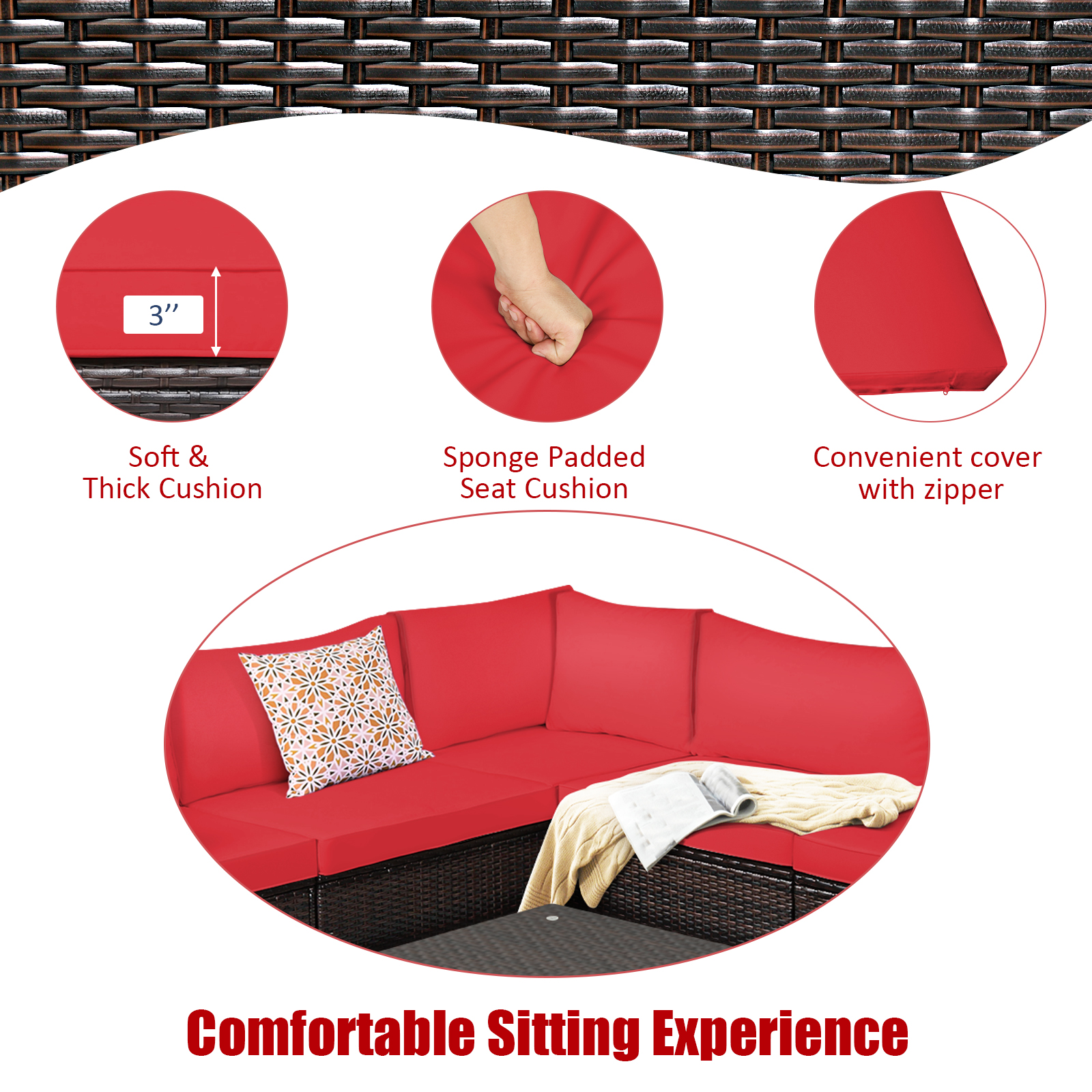 Costway 6PCS Patio Rattan Furniture Set Sectional Cushioned Sofa Deck Red