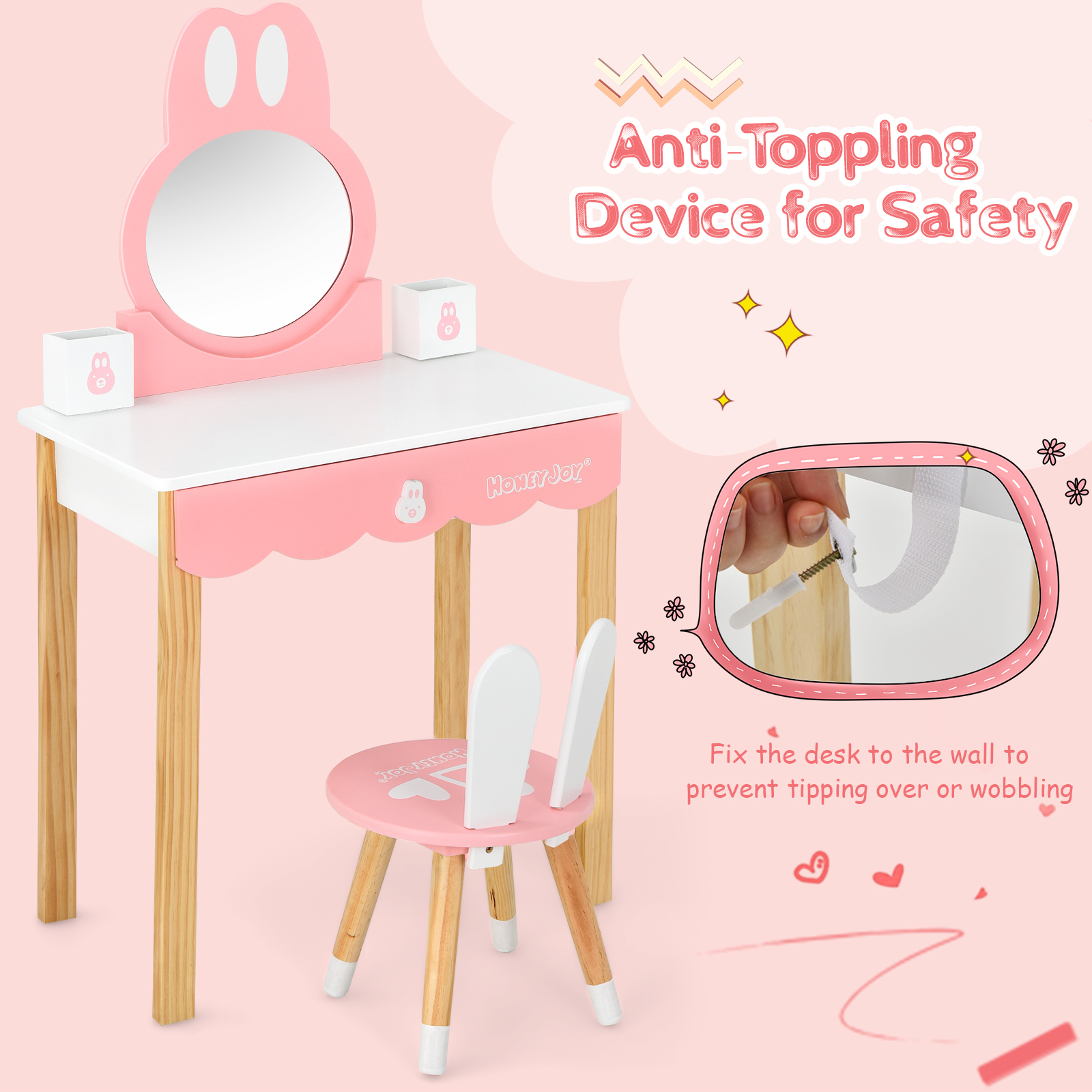 Kids Vanity Set w/ Mirror Dressing Table Writing Desk w/ Detachable Top White - Picture 8 of 11