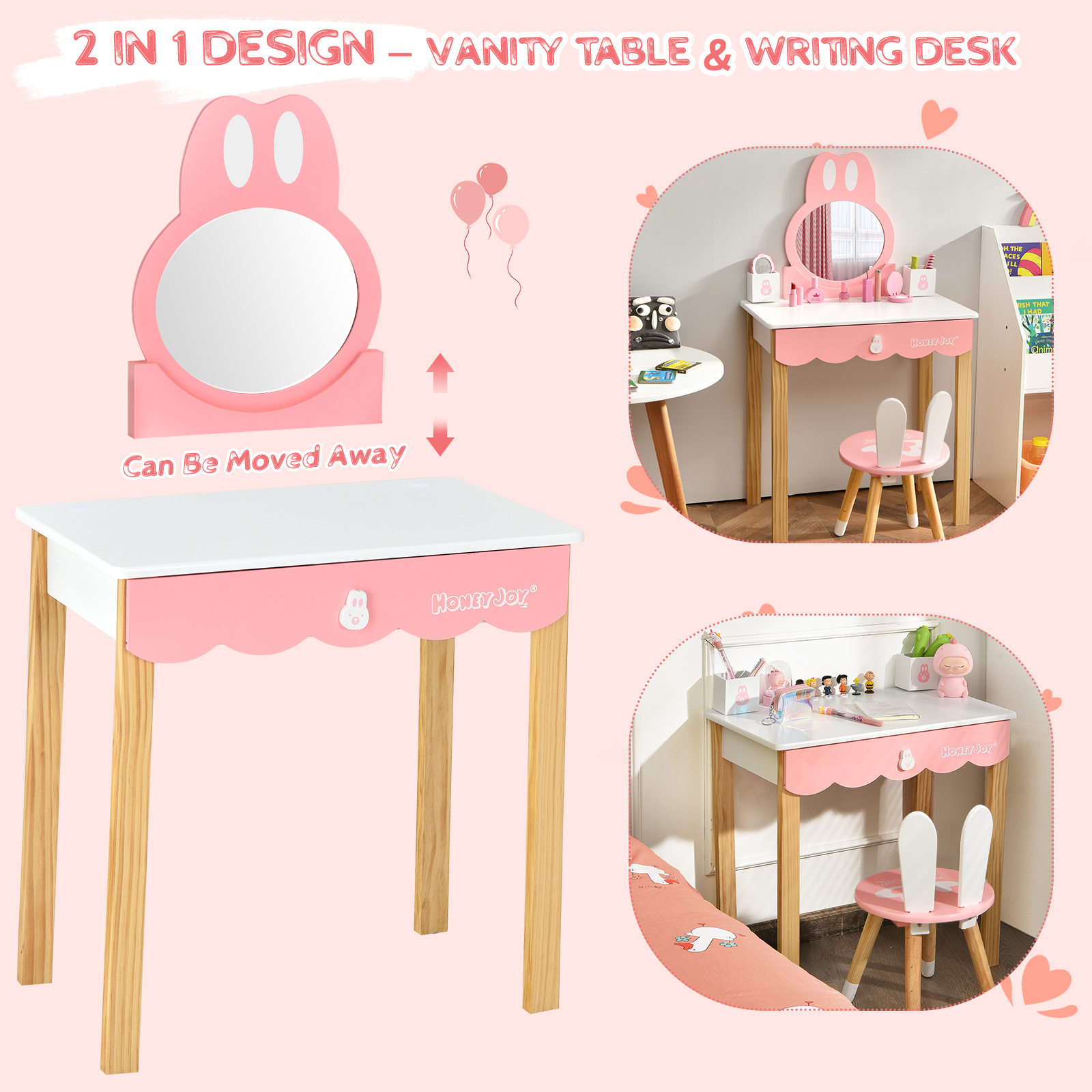 Kids Vanity Set w/ Mirror Dressing Table Writing Desk w/ Detachable Top White - Picture 9 of 11