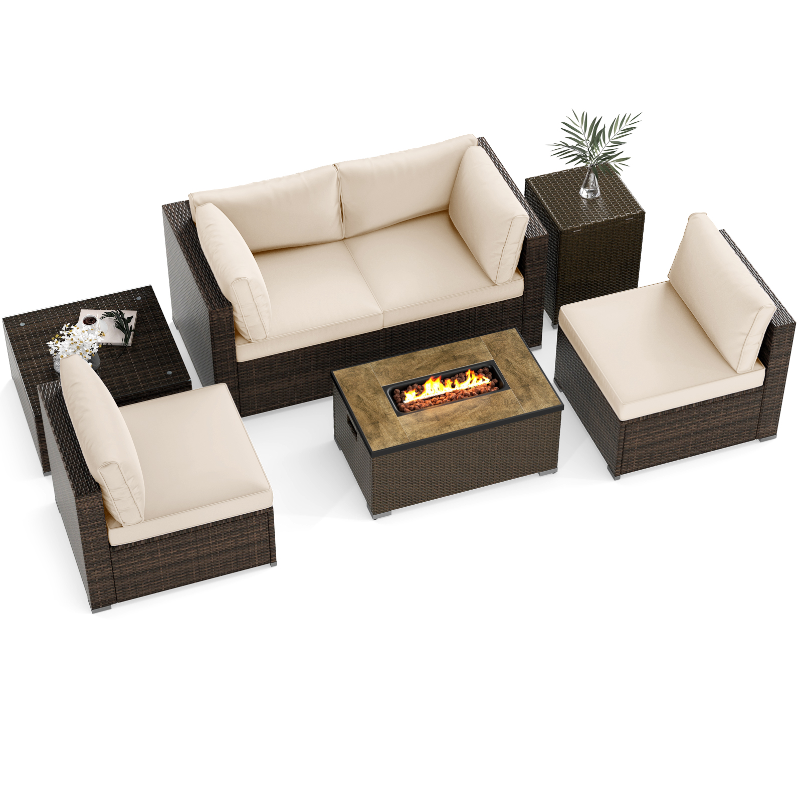 7 Pieces Outdoor Furniture Set with 32″ Fire Pit Table and Propane Tank Cover