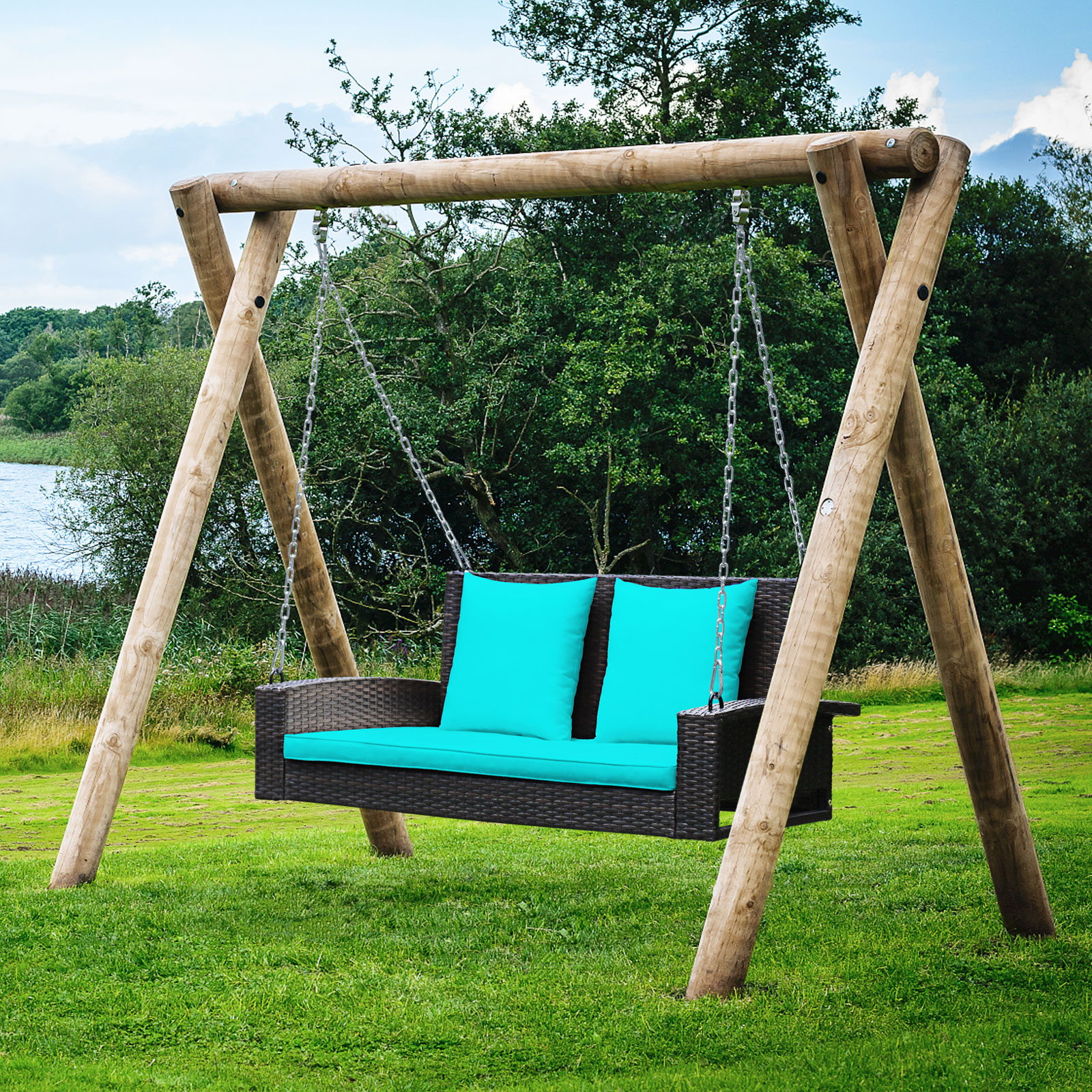 2-Person Patio Rattan Hanging Porch Swing Bench Chair Cushion - Picture 11 of 16