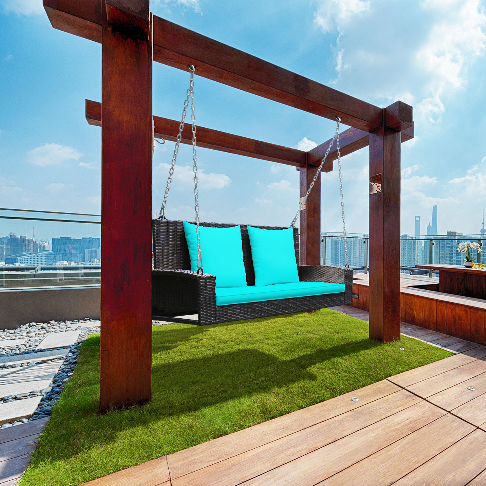 2-Person Patio Rattan Hanging Porch Swing Bench Chair Cushion - Picture 12 of 16