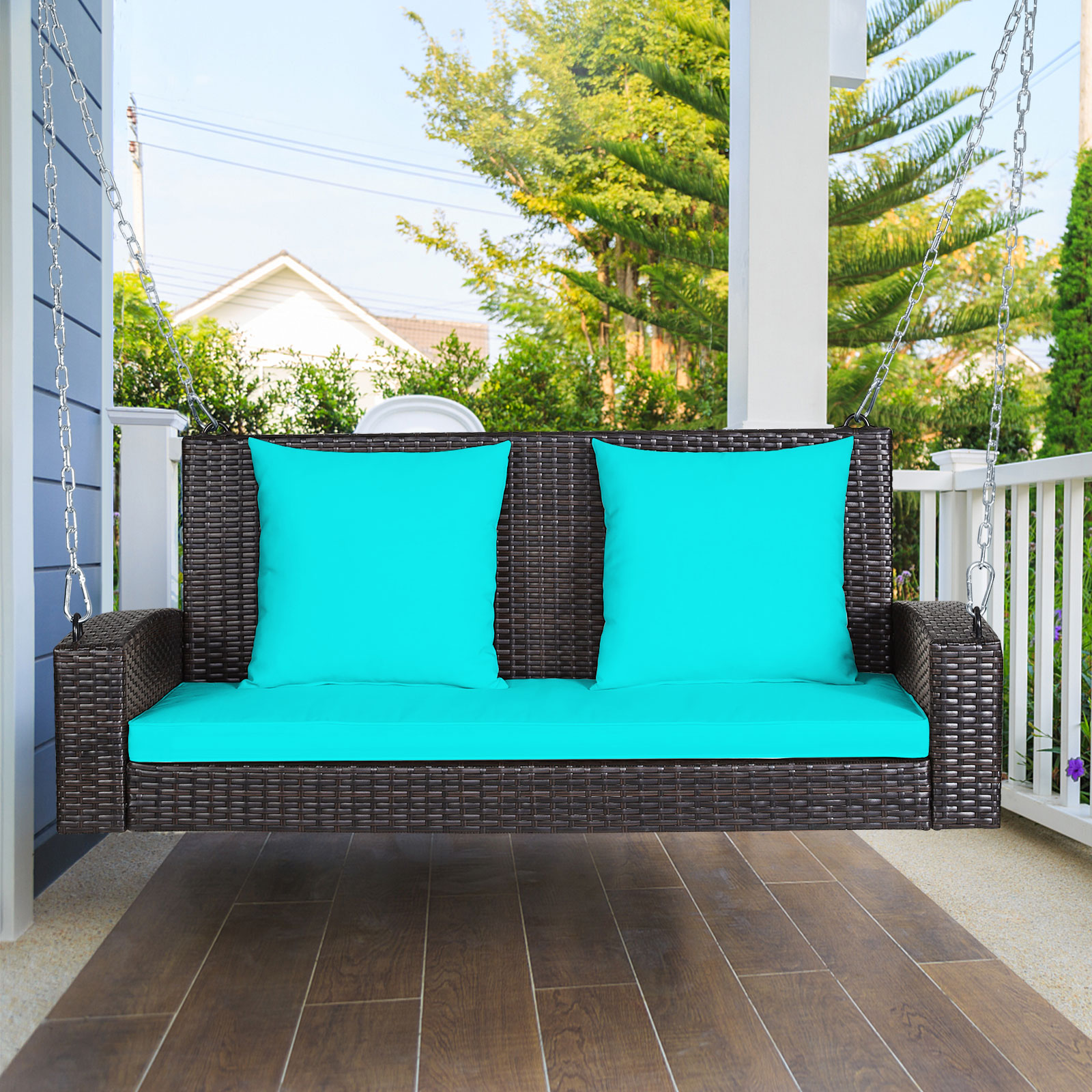 2-Person Patio Rattan Hanging Porch Swing Bench Chair Cushion - Picture 13 of 16