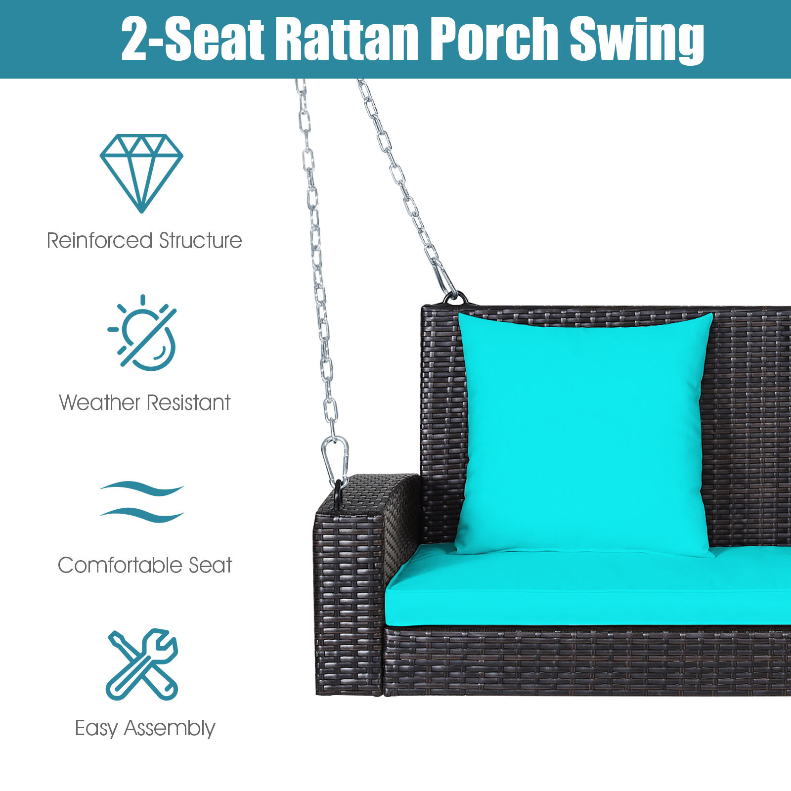 2-Person Patio Rattan Hanging Porch Swing Bench Chair Cushion - Picture 15 of 16