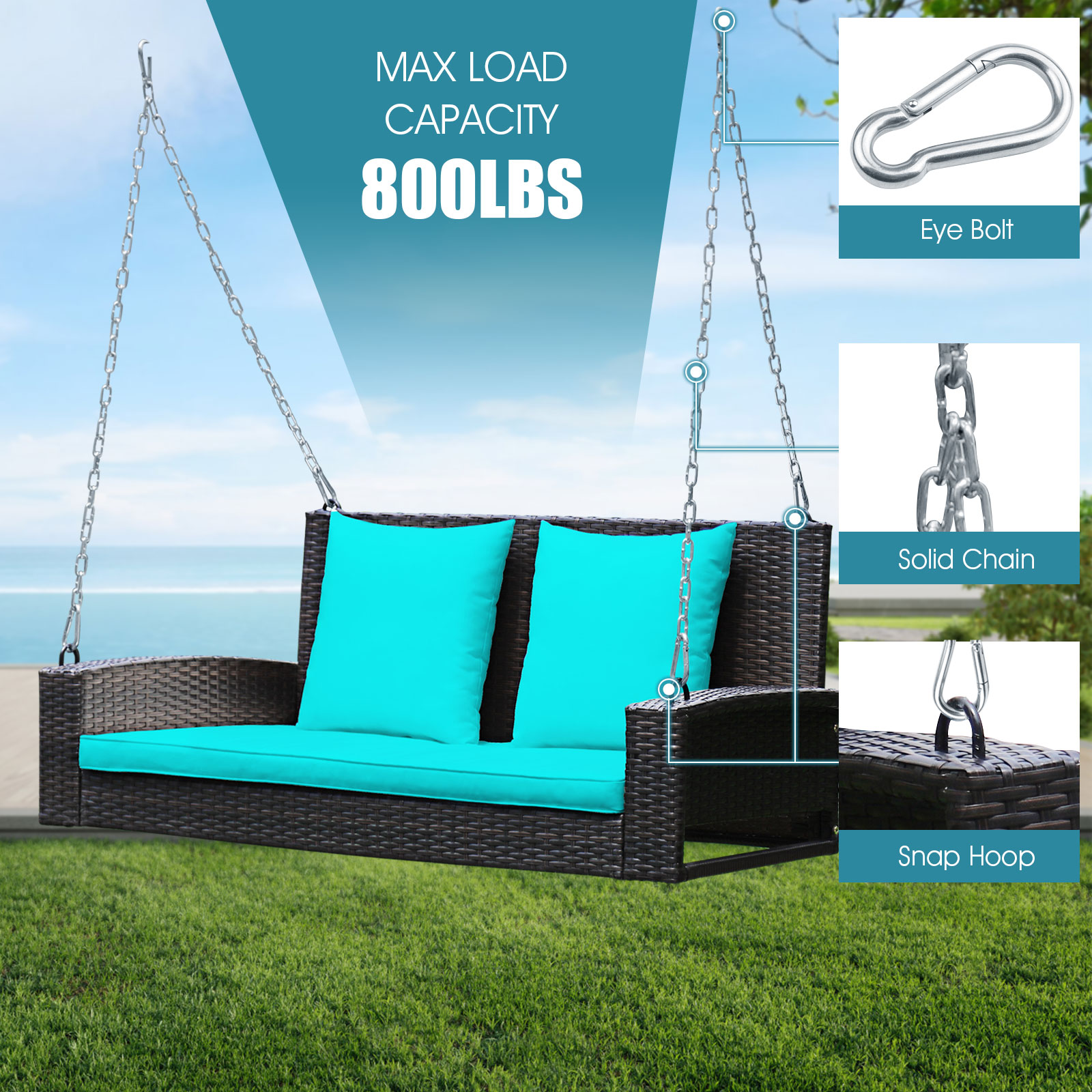 2-Person Patio Rattan Hanging Porch Swing Bench Chair Cushion - Picture 16 of 16