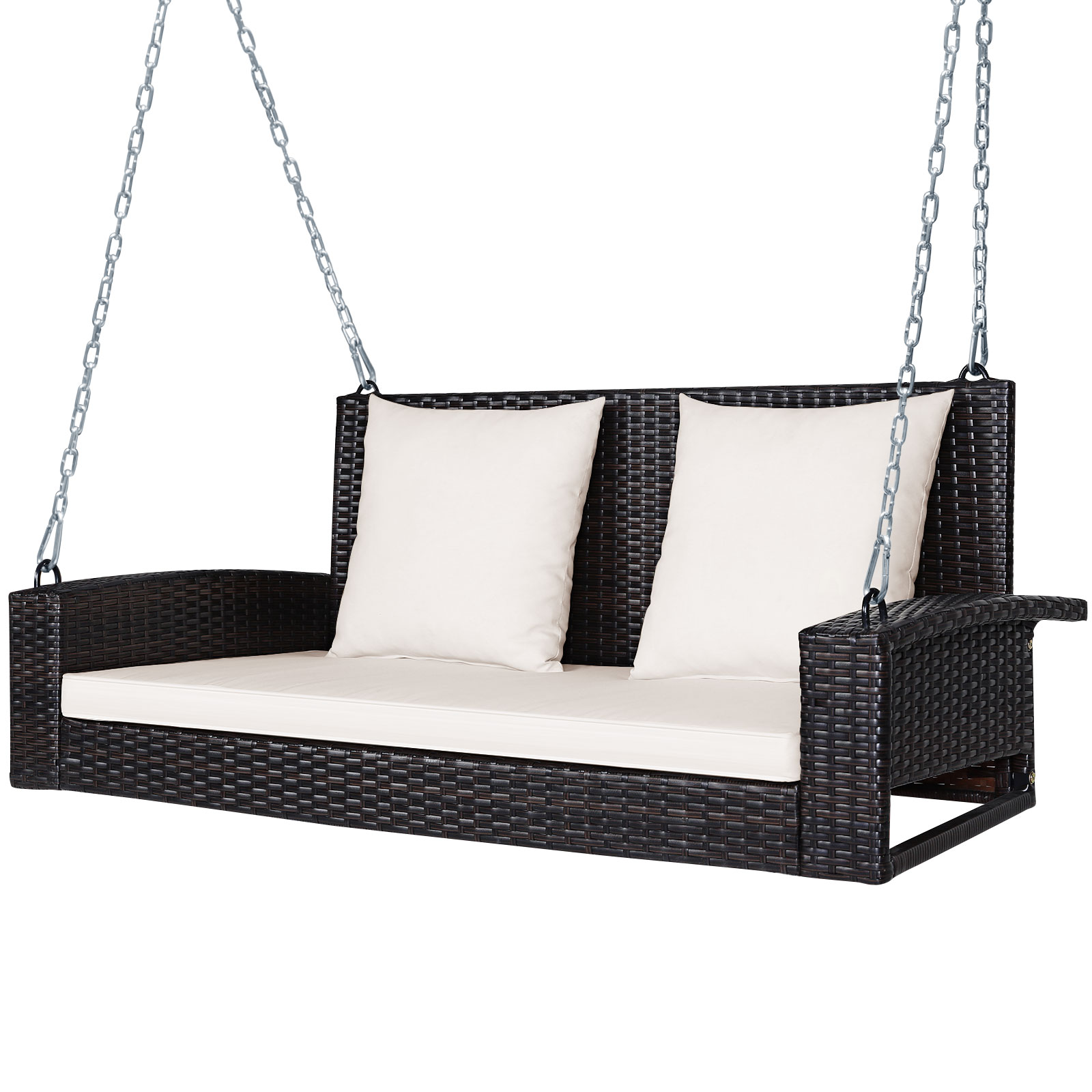 Patiojoy Patio 2-Person Rattan Hanging Porch Swing Bench Chair Cushion